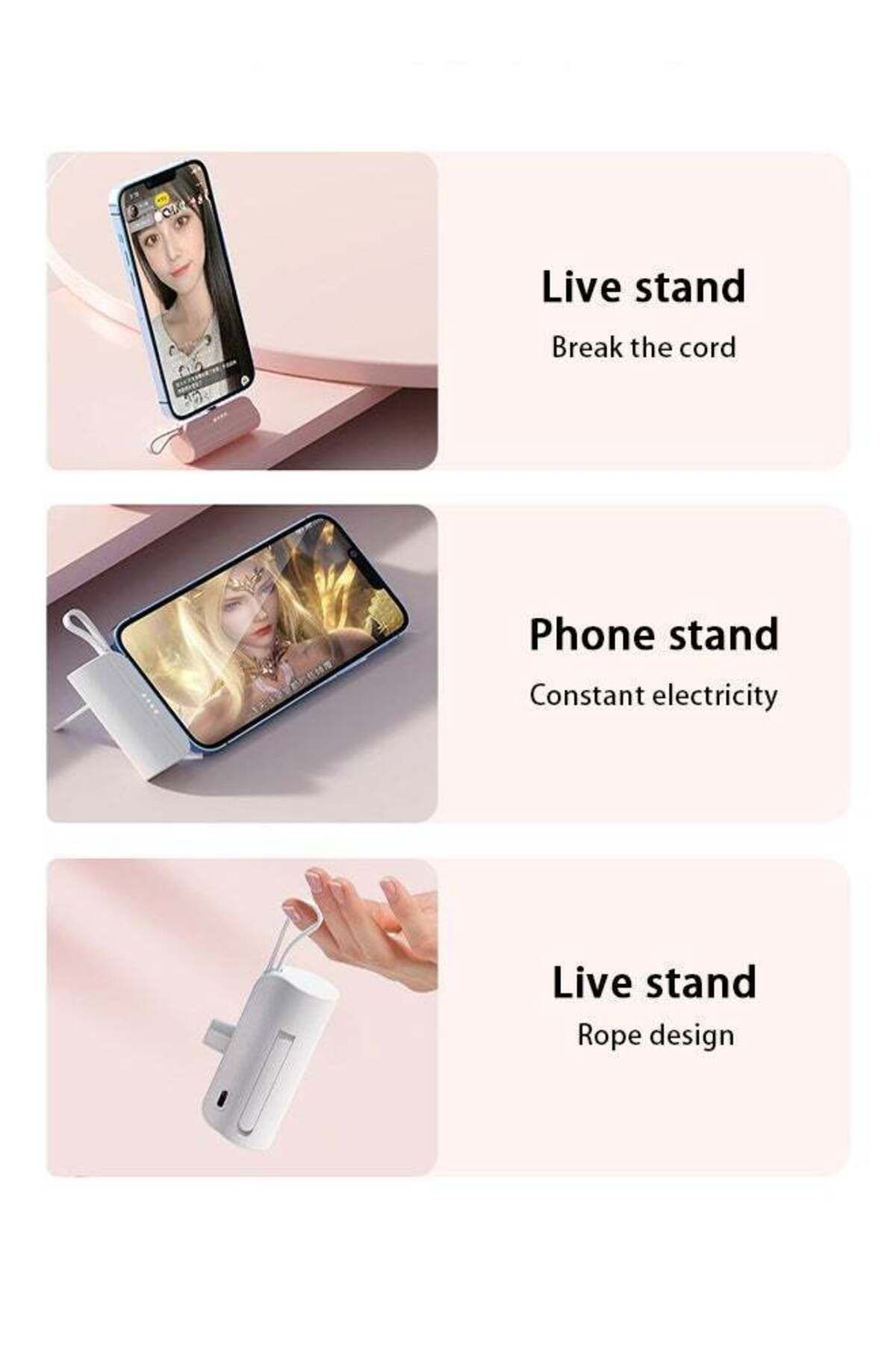 fulina-Mini Power Bank,5000mah Large Capacity,fast Charging,built-in Interface,with Hidden Bracket,pink 7