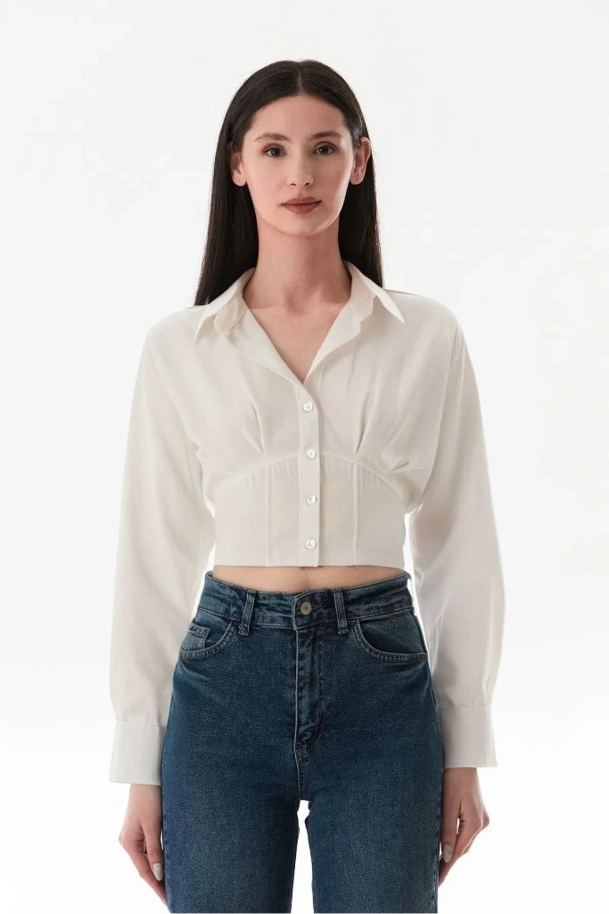 depo tekstil Bel Büzgülü Beyaz Crop Gömlek