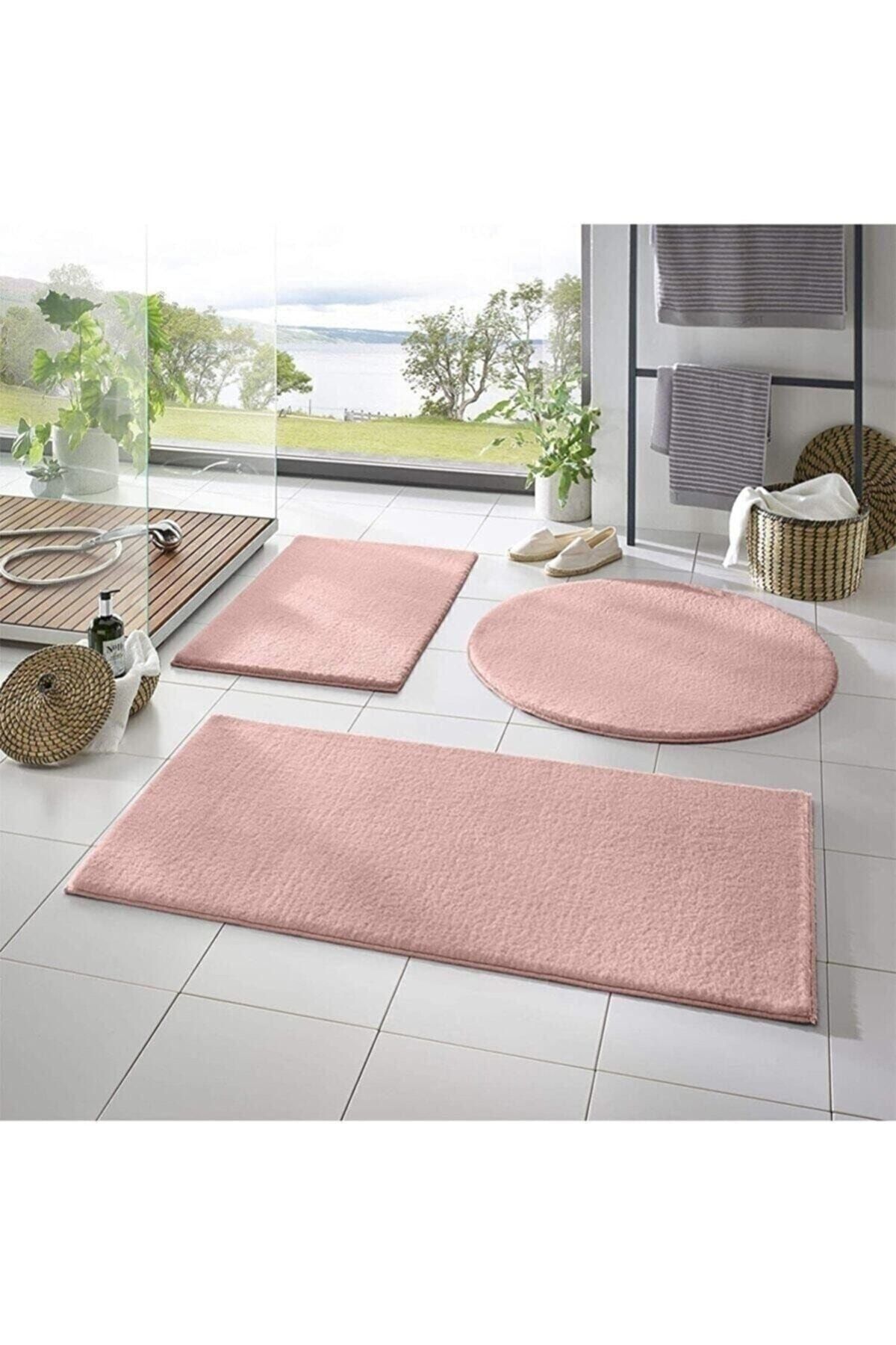 BSB HOME LİVİNG Yıkanabilir Kaymaz Taban Post Peluş Banyo Paspası Üçlü Takım Pembe(60X100-60X60-60X40)
