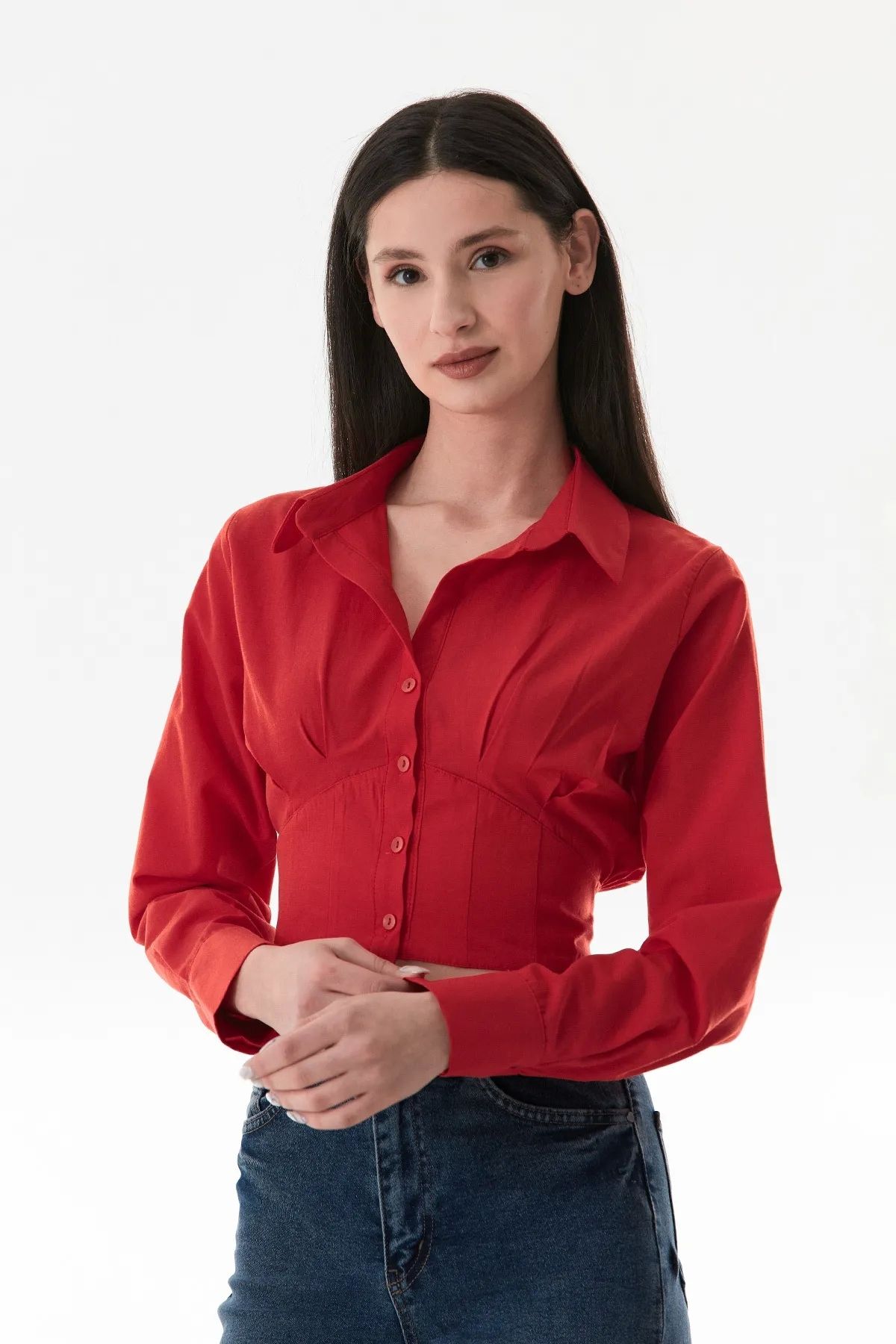 depo tekstil Bel Büzgülü Bordo Crop Gömlek