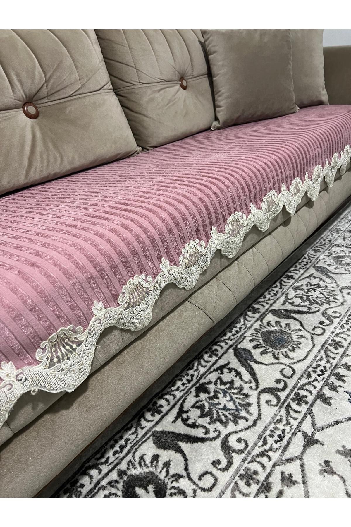 DECORA CASA HOME COLLECTİON Dantelli Çizgili Süngerli Kadife Kaymaz Çekyat Koltuk Örtüsü (85X210)
