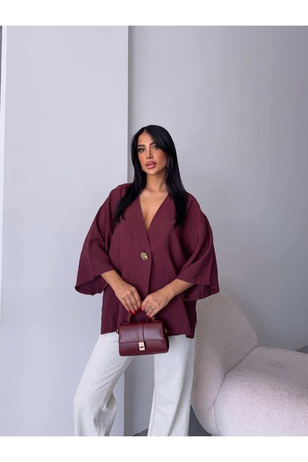 NovaRopa Kadın Bordo Gold Düğmeli Salaş Gömlek-FF1508