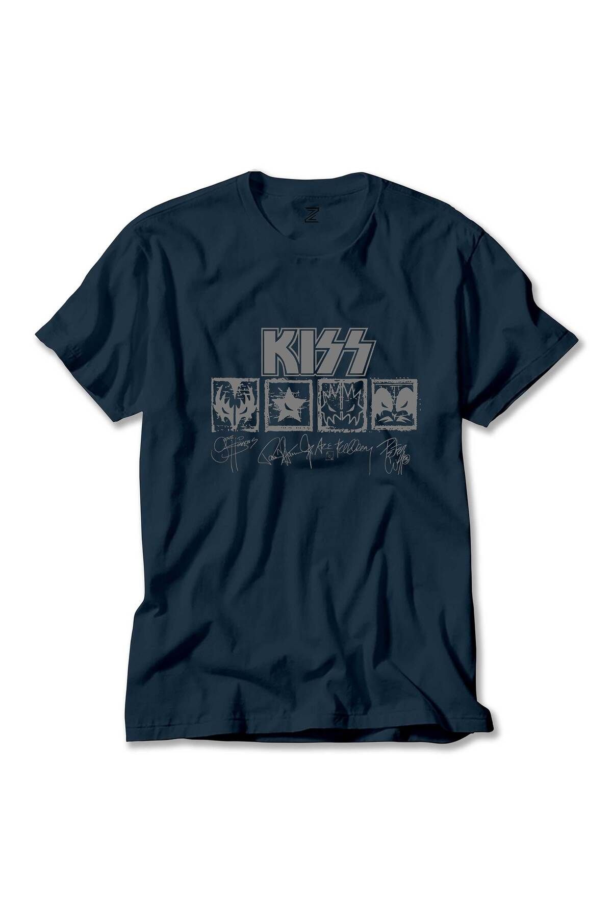 Z zepplin Kiss Logolar Ve İmza Lacivert Tişört