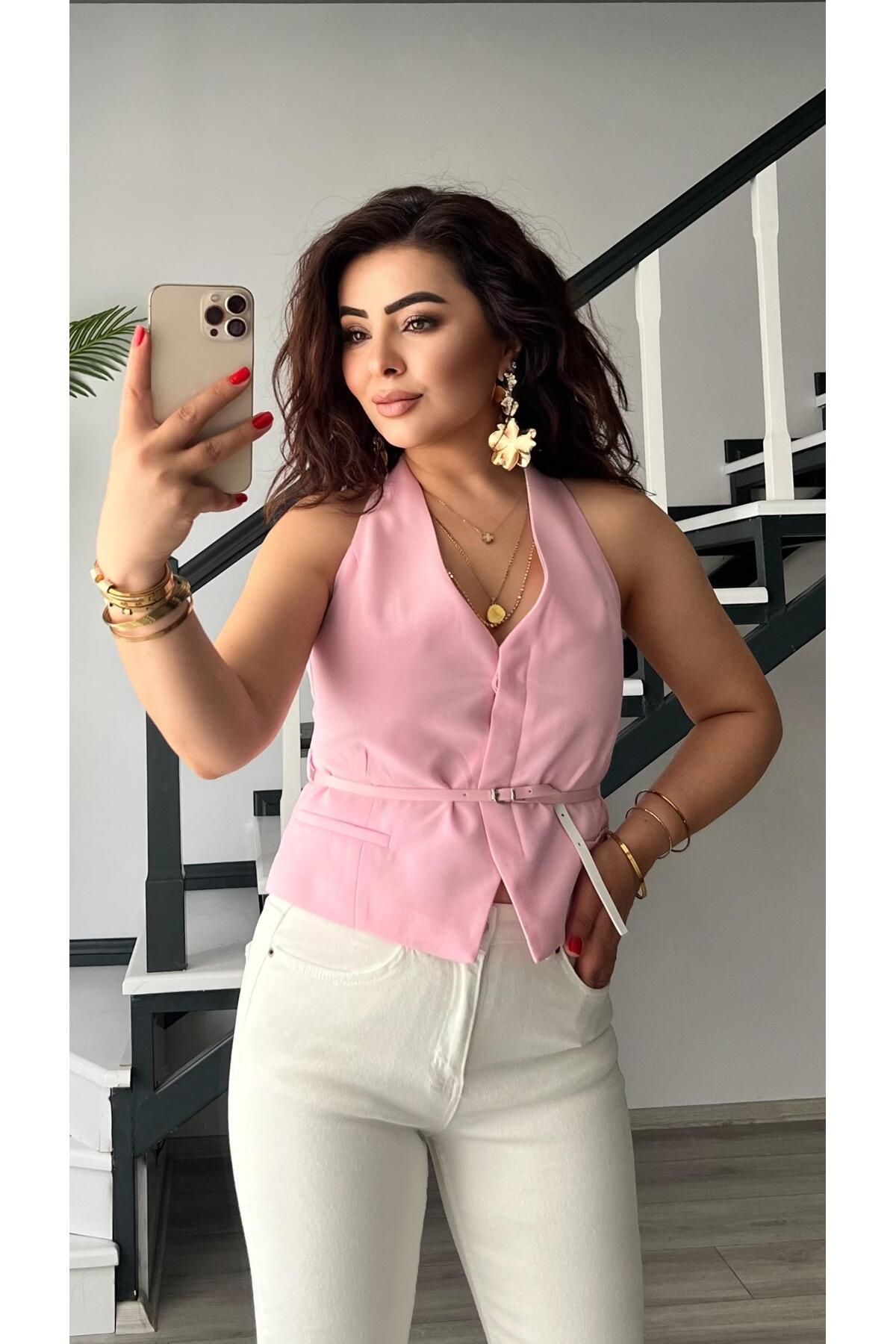 Oslove Şeker Pembe Belden Kemerli Yelek