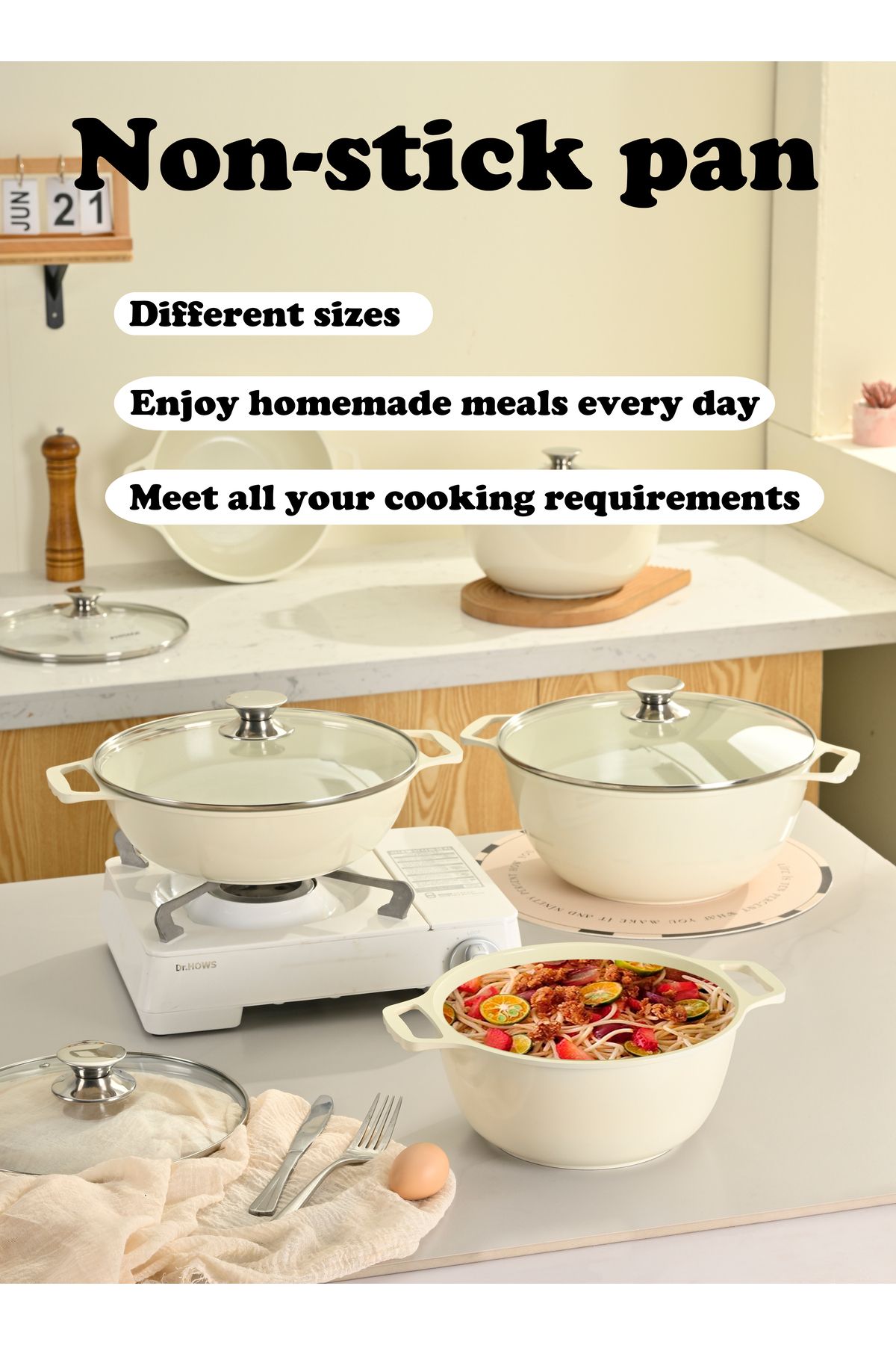 X SPRING-10-PCS Granite Non-stick Cookware Set,Scald-proof Handle,Suitable for multiple people(Beige) 6