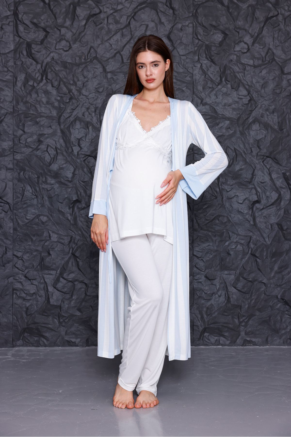 Yulem Homewear Mavi Askılı Çizgili Emzirme Özellikli Lohusa Hamile Sabahlıklı 3'lü Pijama Takım Set