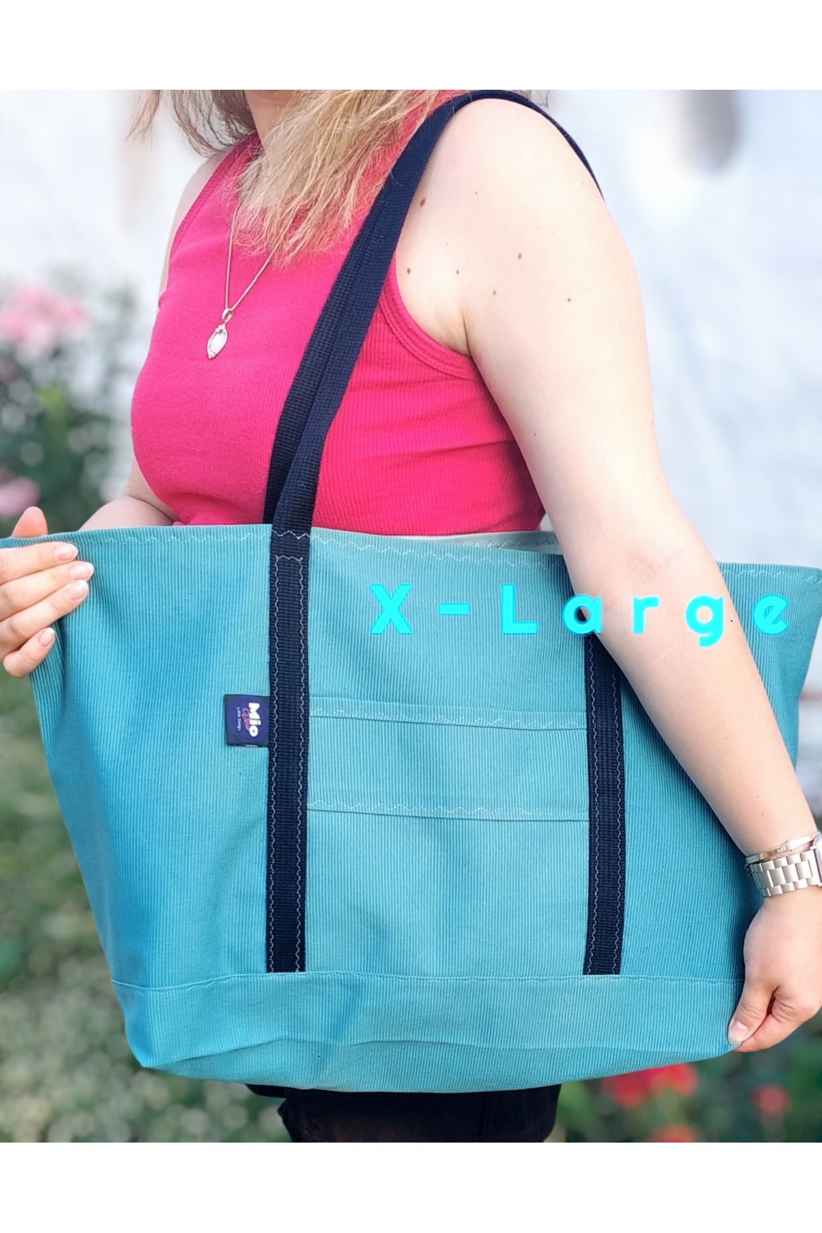 Mio Vero X-Large Koyu Turkuaz Totebag, Cepli, Saten Astarlı, Sağlam Dikişli, Plaj ve Günlük Kullanım