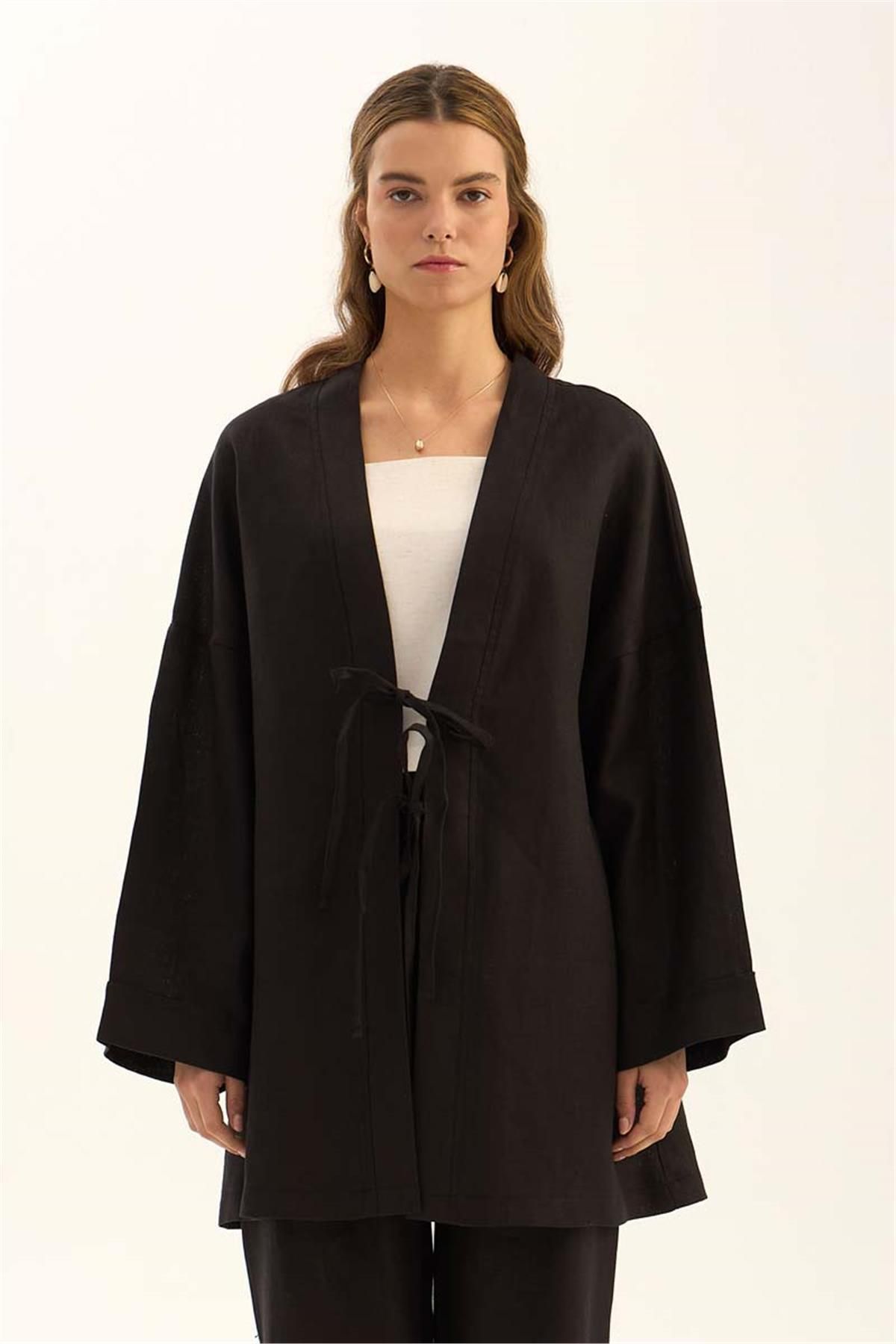 ALYOSHA FASHION %100 Keten Kimono Siyah