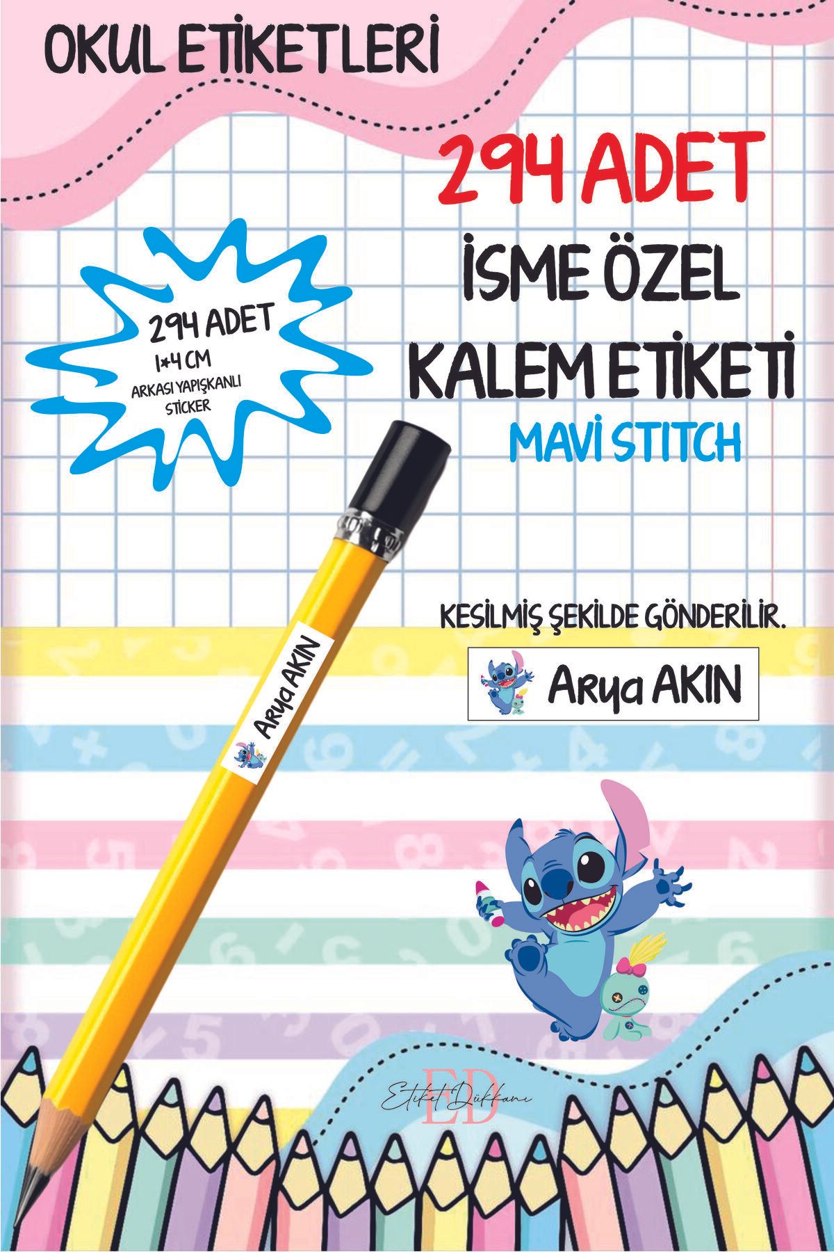ETİKETİM Okul Etiketi Kalem Etiketi İsimli Kişiye Özel MAVİ STİTCH 294 ADET