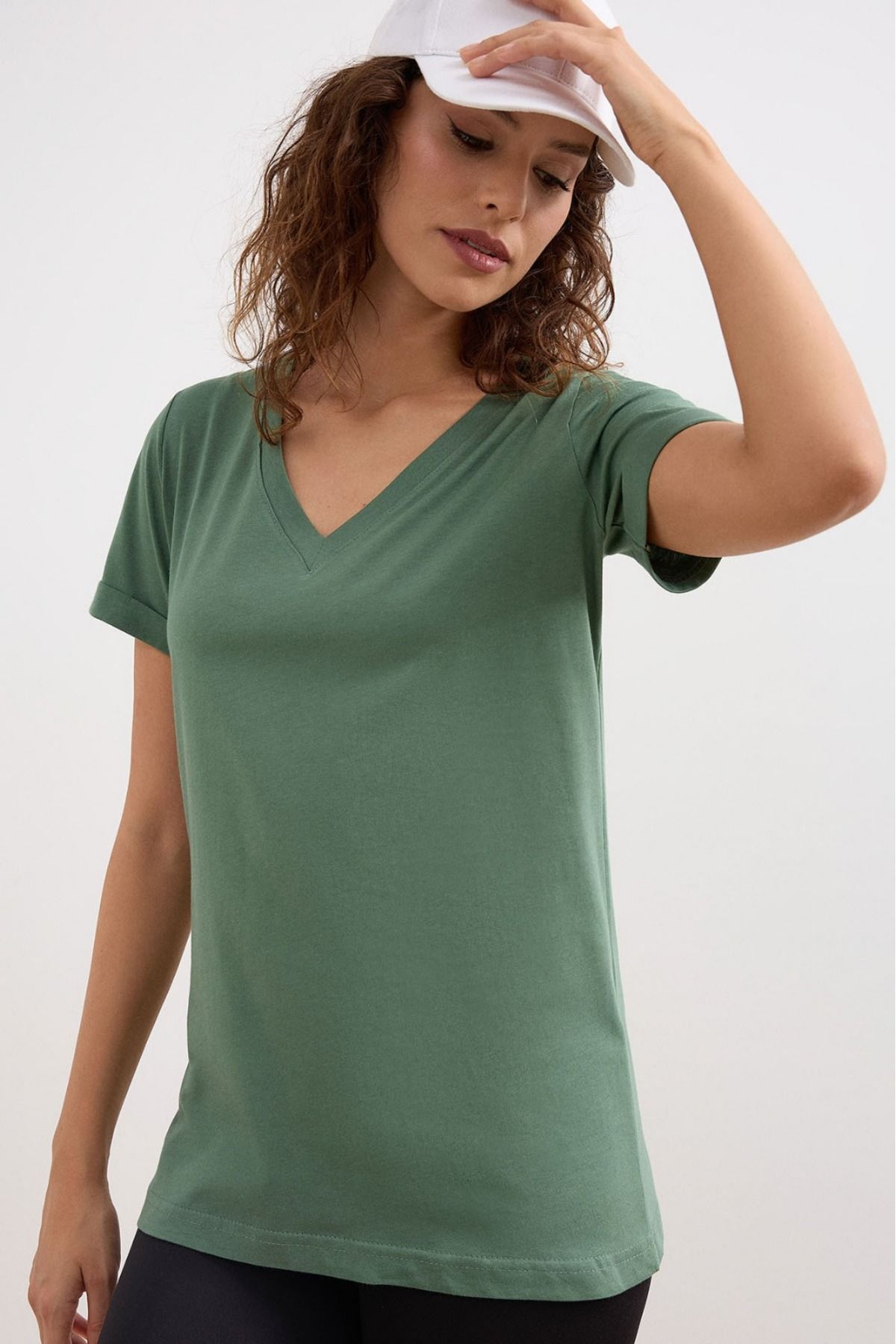Mrs.idea Kadın V-Yaka Basic Tişört Örme Pamuk Penye T-Shirt