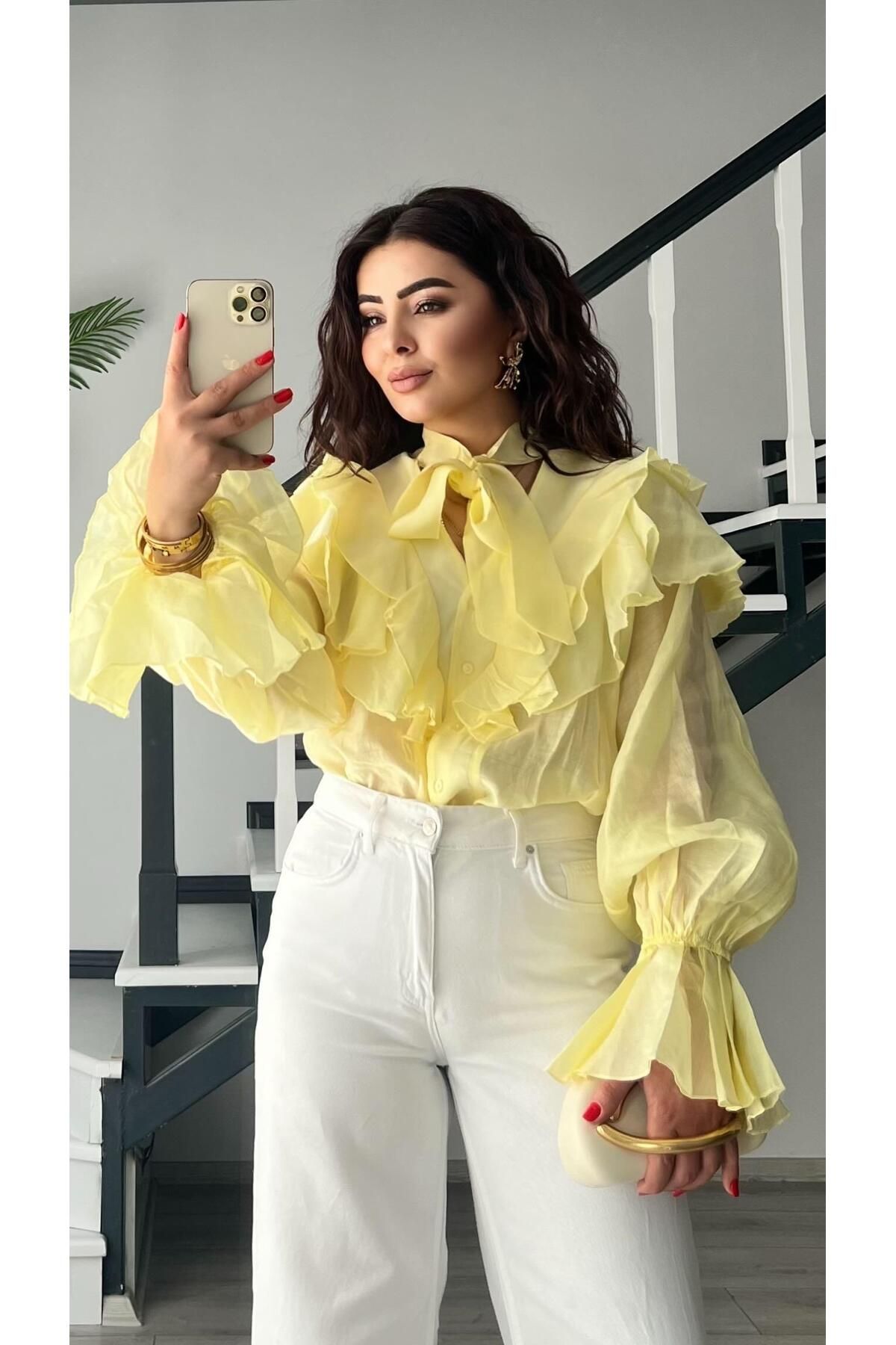 Oslove Sarı Fırfırlı Fular Detaylı Gömlek