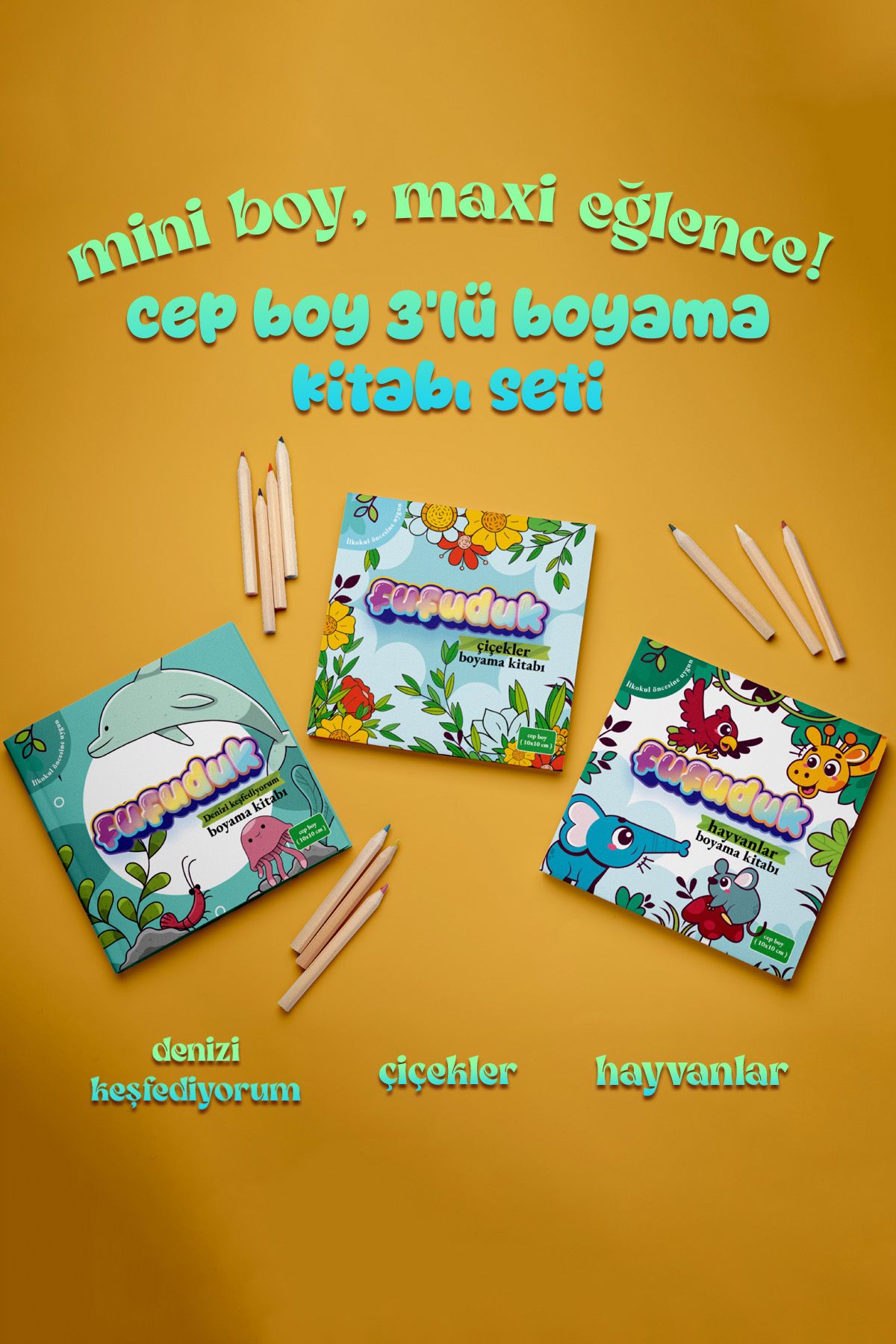 FUFUDUK Cep Boy 3'lü Boyama Kitabı Seti ( Denizi Keşfediyorum , Çiçekler , Hayvanlar )