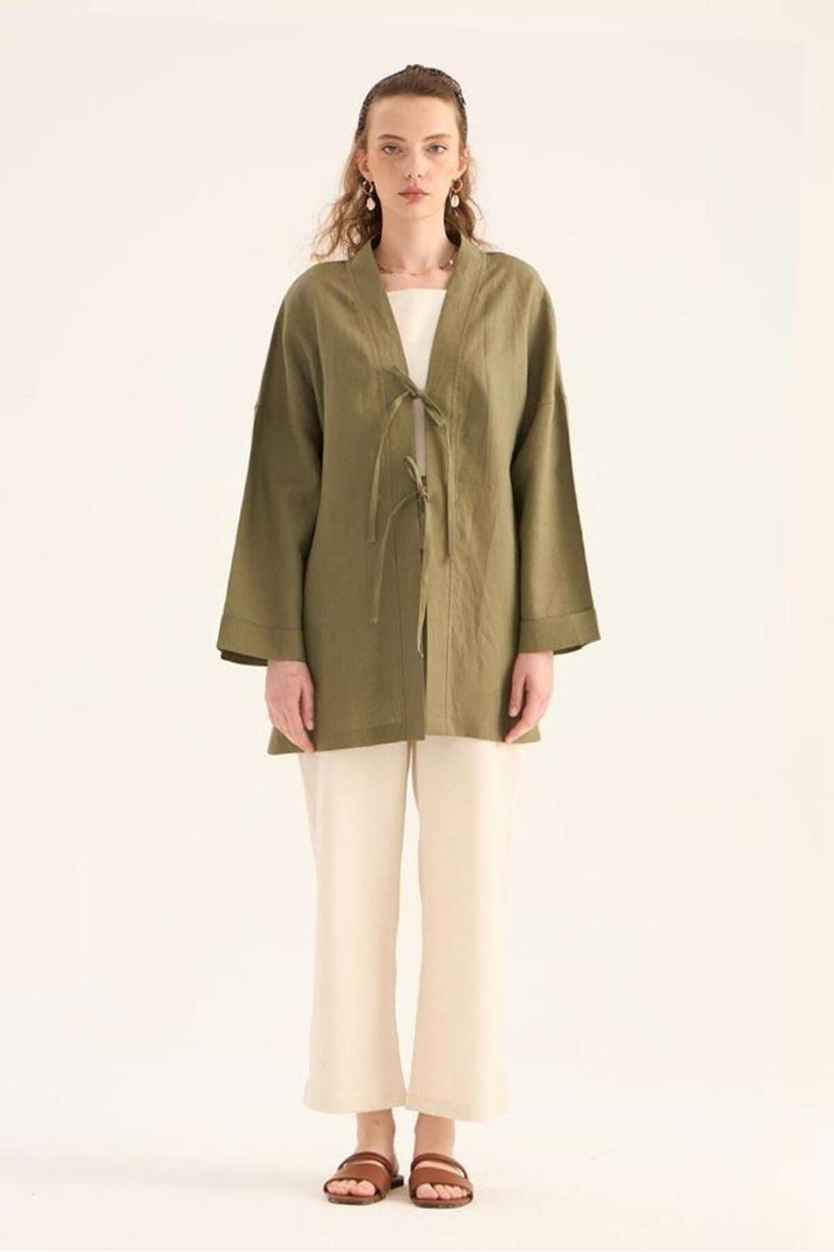 ALYOSHA FASHION %100 Keten Kimono Haki
