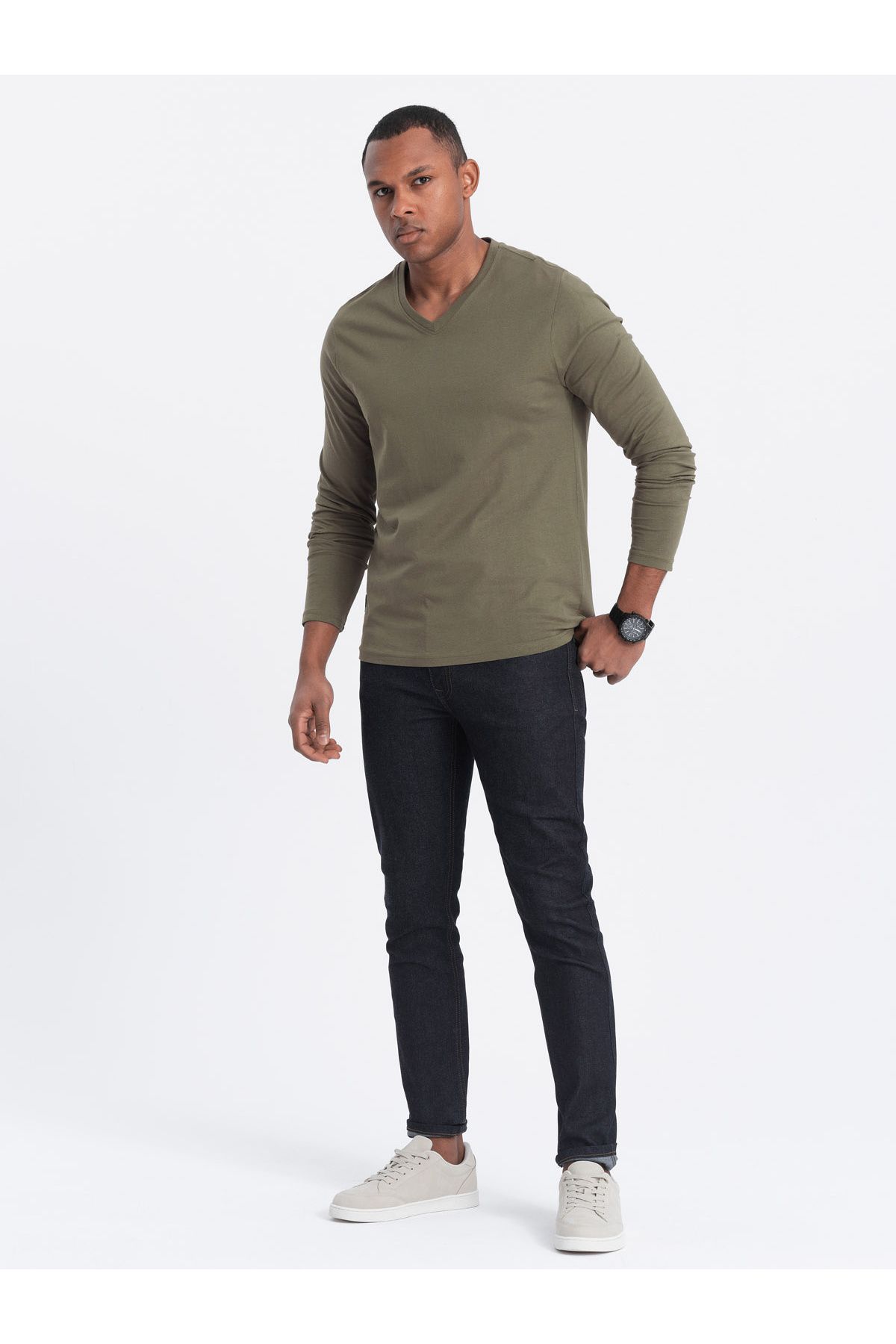 OMBRE-Unbedrucktes Herren Longsleeve mit V-Ausschnitt - Dunkeloliv V2 OM-LSBL-0108 XL 4