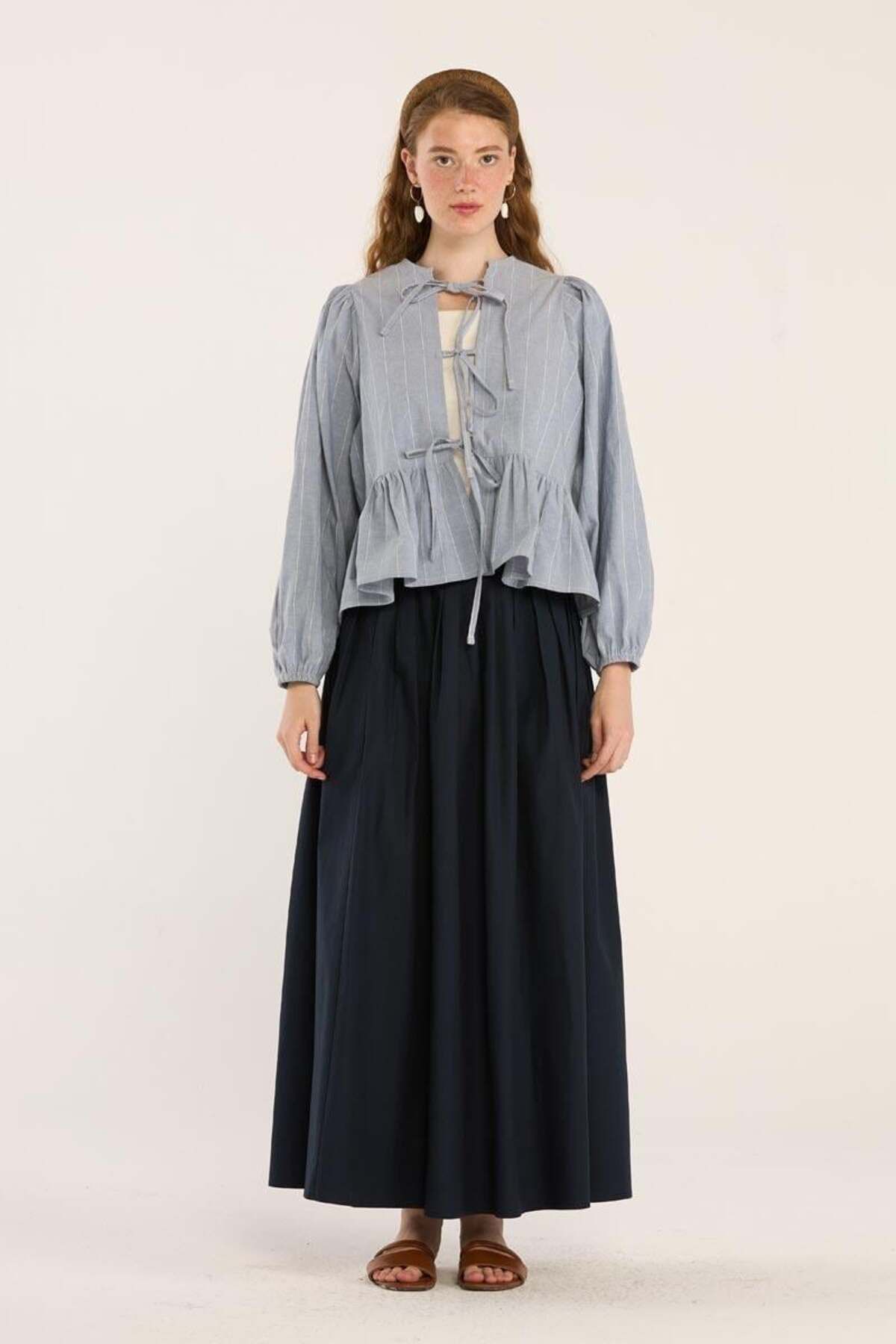 ALYOSHA FASHION Çizgi Desenli Kısa Kimono Mavi