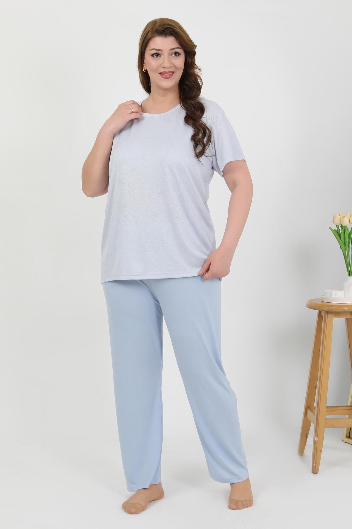 Akbeniz Kadın Büyük Beden Kısa Kol Penye Pijama Takımı Mavi 202510