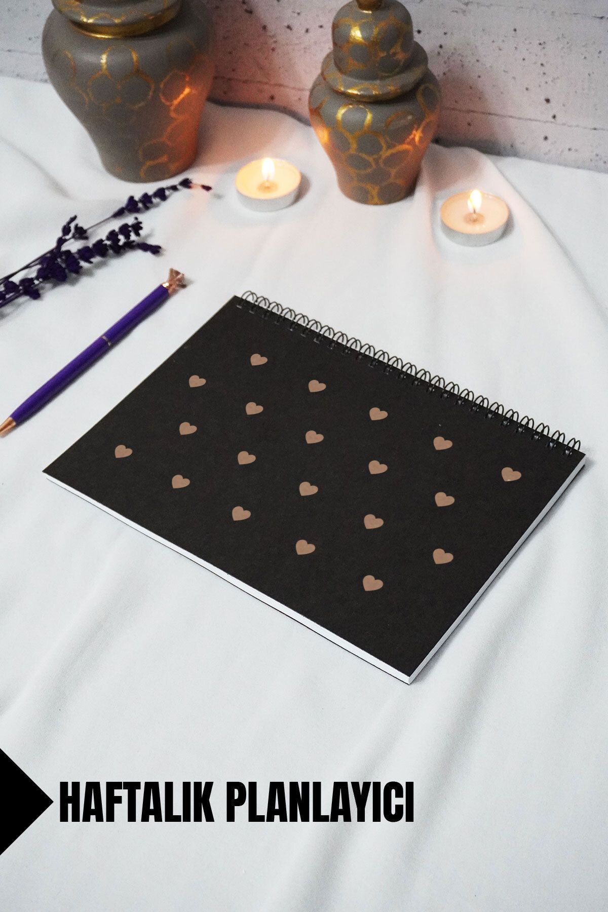 markcat A5 Kalp Temalı Siyah Kraft Kapaklı Defter - Haftalık Planlayıcı - 52 Yaprak 15x21 Cm