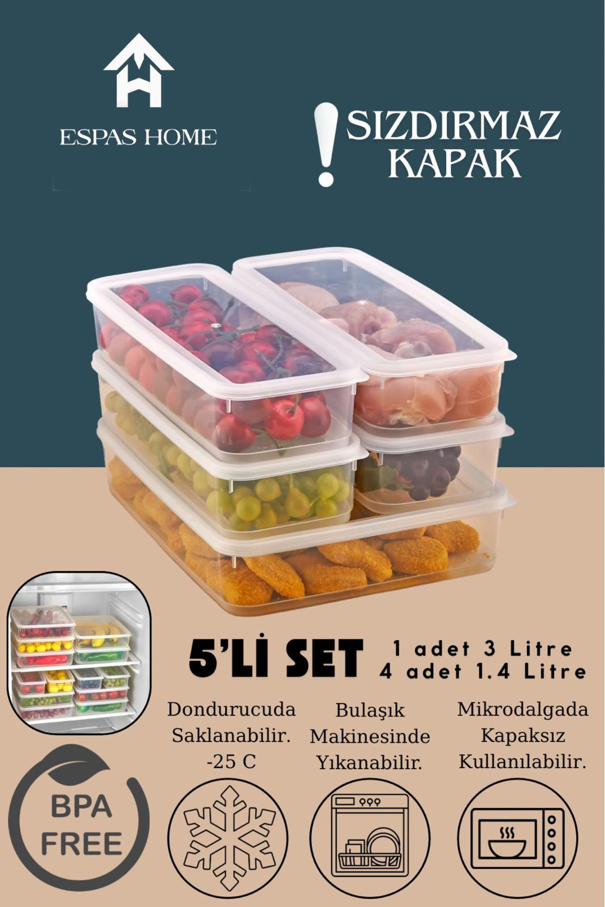 Espas Home 5'li Sızdırmaz FreshBox Saklama Kabı – Mikrodalga ve Buzdolabı Uyumlu / 1x3000 ml - 4x1400 ml