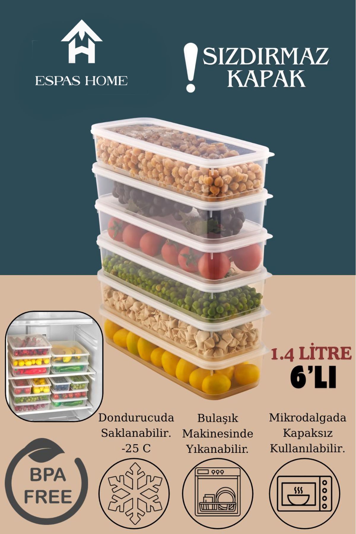 Espas Home 6'lı Sızdırmaz FreshBox Saklama Kabı – Mikrodalga ve Buzdolabı Uyumlu / 1400 ml - Şeffaf