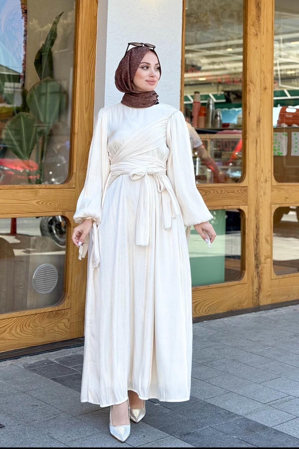 MERVE KAYKISIZ Şifon Bağlamalı Elbise Krem