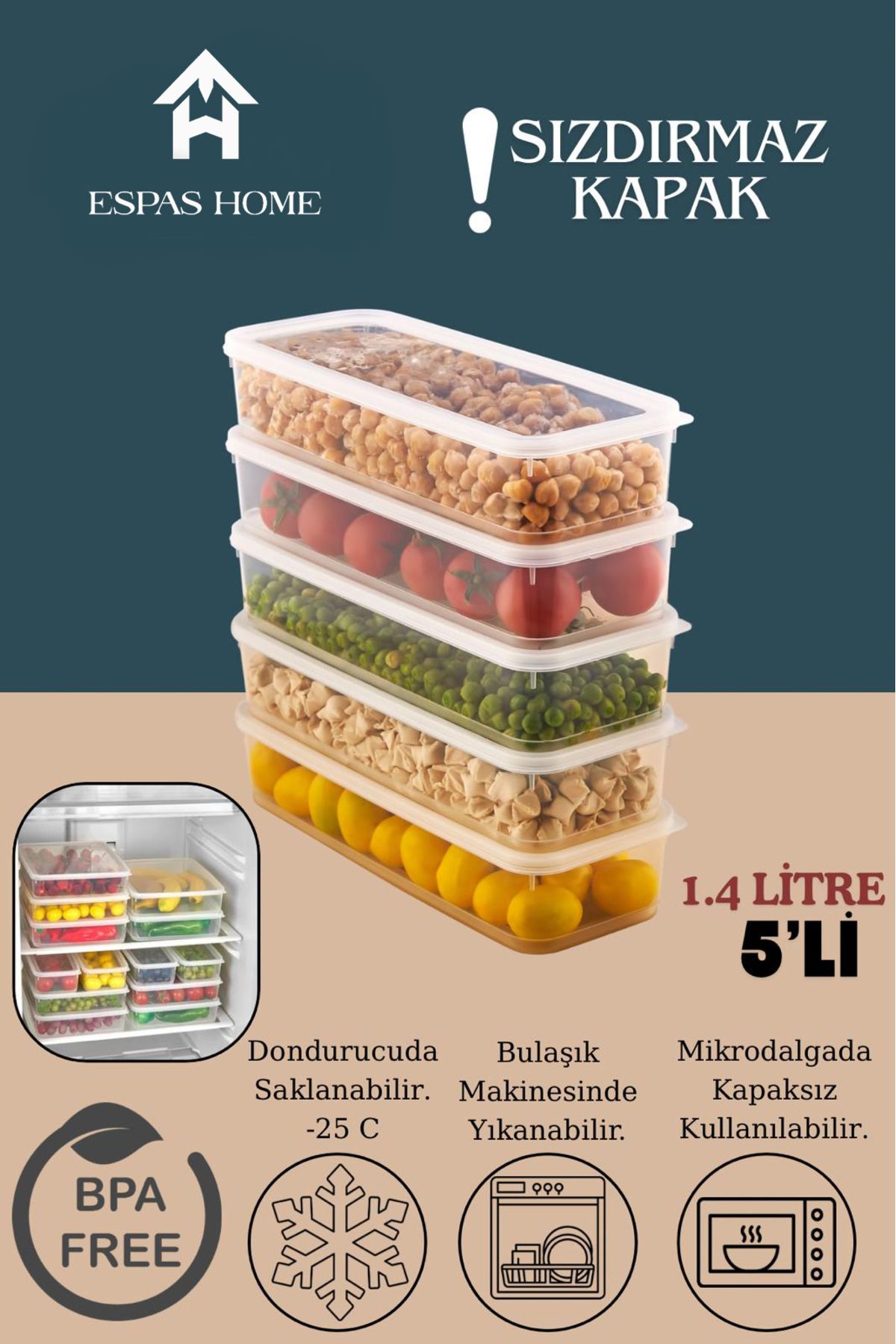 Espas Home 5'li Sızdırmaz FreshBox Saklama Kabı – Mikrodalga ve Buzdolabı Uyumlu / 1400 ml - Şeffaf