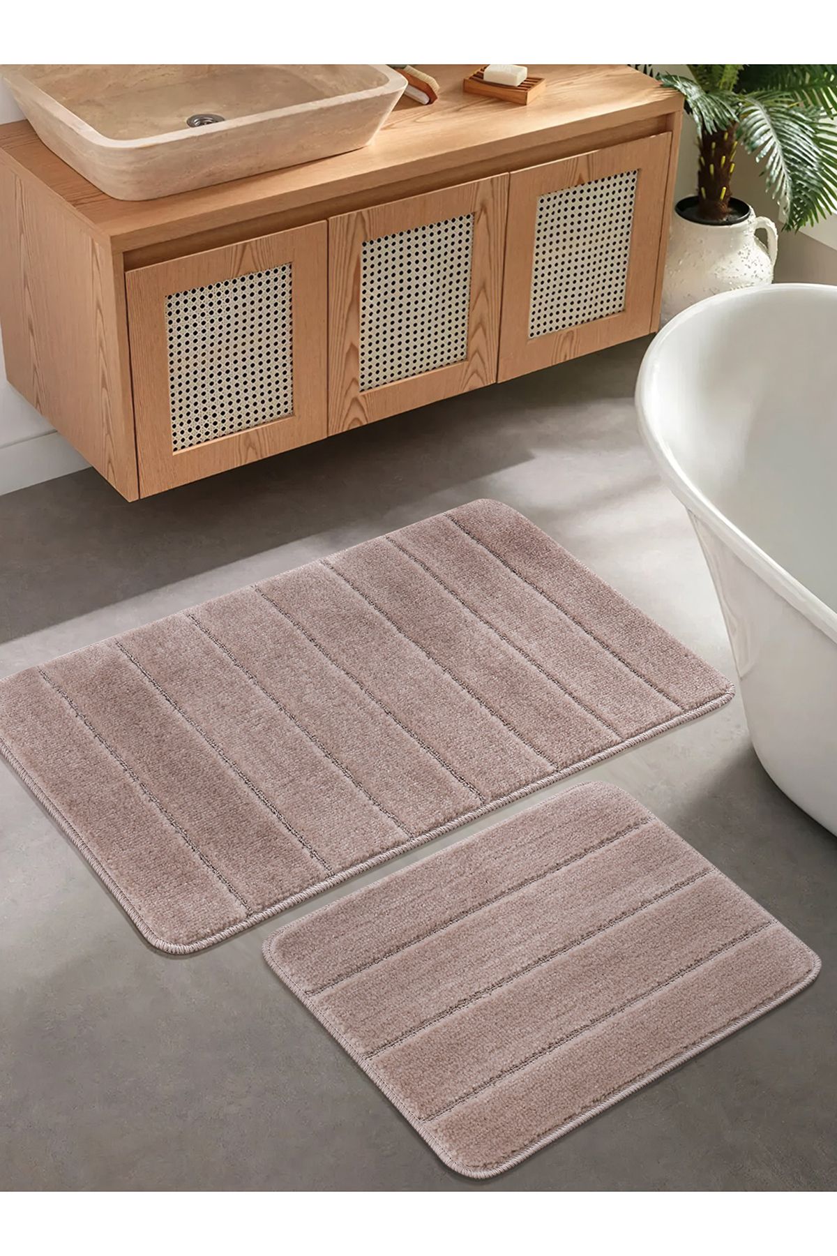 Konfor Halı Doğal Kaymaz Taban Banyo Paspas Set Yumuşak Dokulu Su Emici Yıkanabilir Yeni Çizgili Set 50x80-50x40