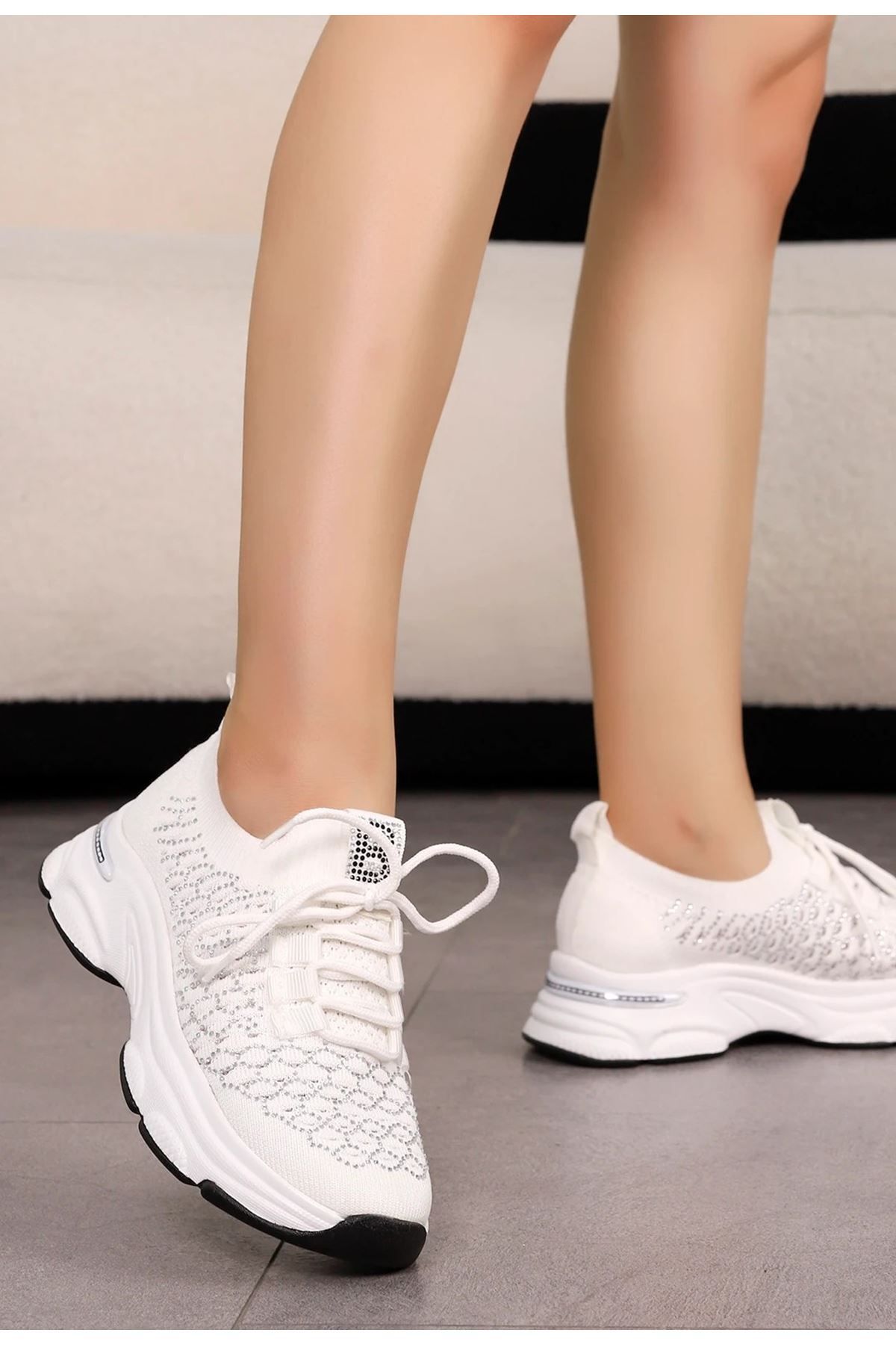 LEYDİ SHOES Siesta Beyaz Taş Detaylı Triko Spor Ayakkabı