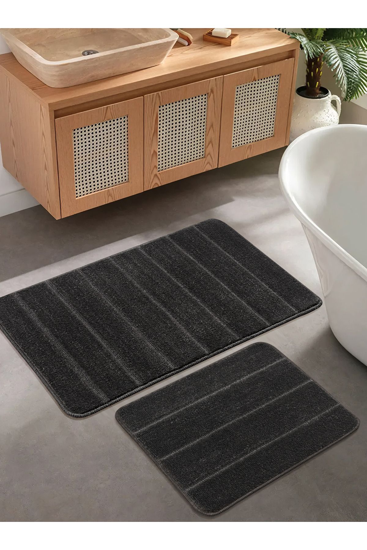Konfor Halı Doğal Kaymaz Taban Banyo Paspas Set Yumuşak Dokulu Su Emici Yıkanabilir Yeni Çizgili Set 50x80-50x40