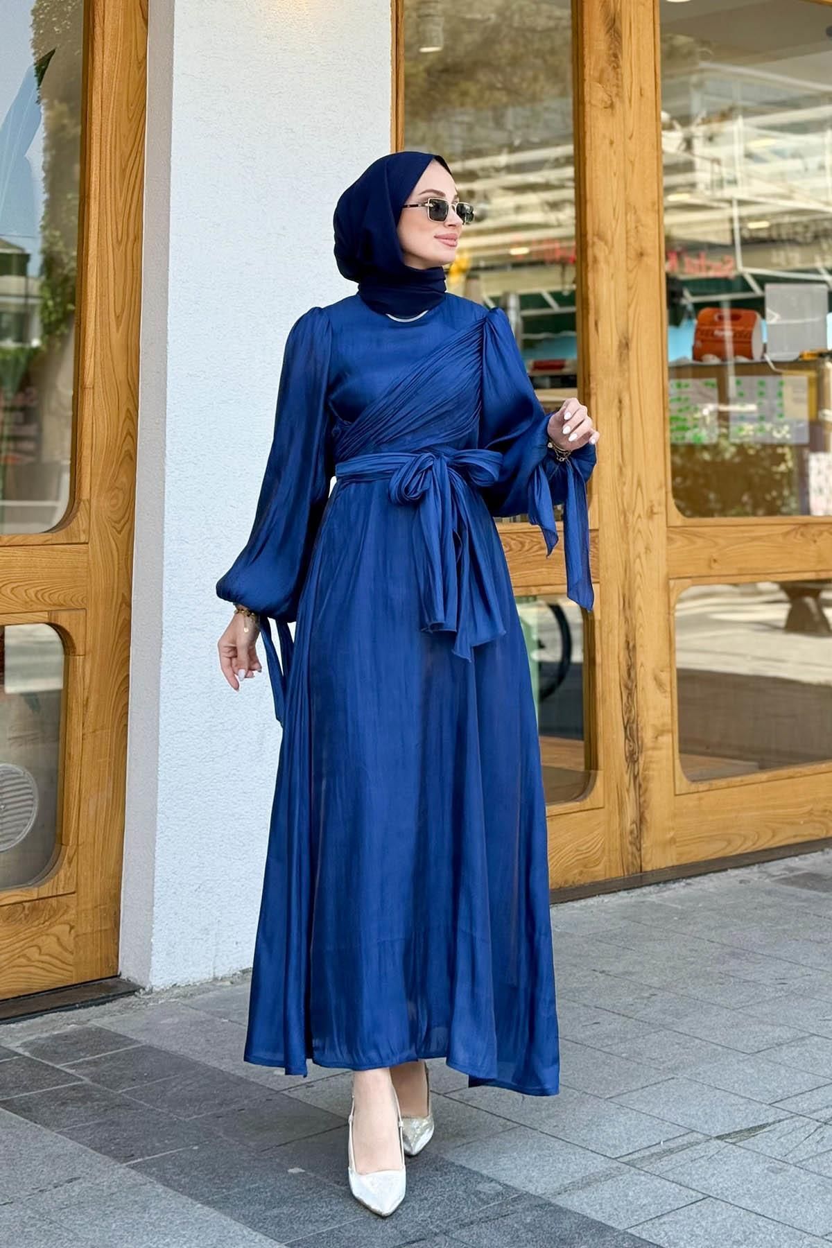 MERVE KAYKISIZ Şifon Bağlamalı Elbise Lacivert