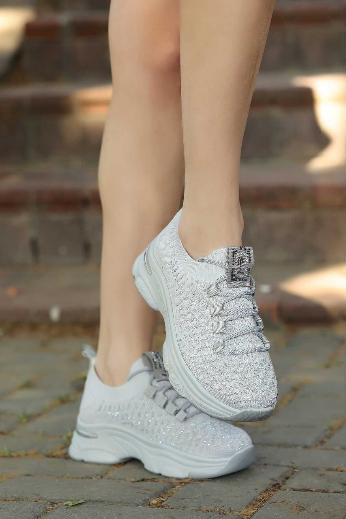 LEYDİ SHOES Siesta Gri Taş Detaylı Triko Spor Ayakkabı