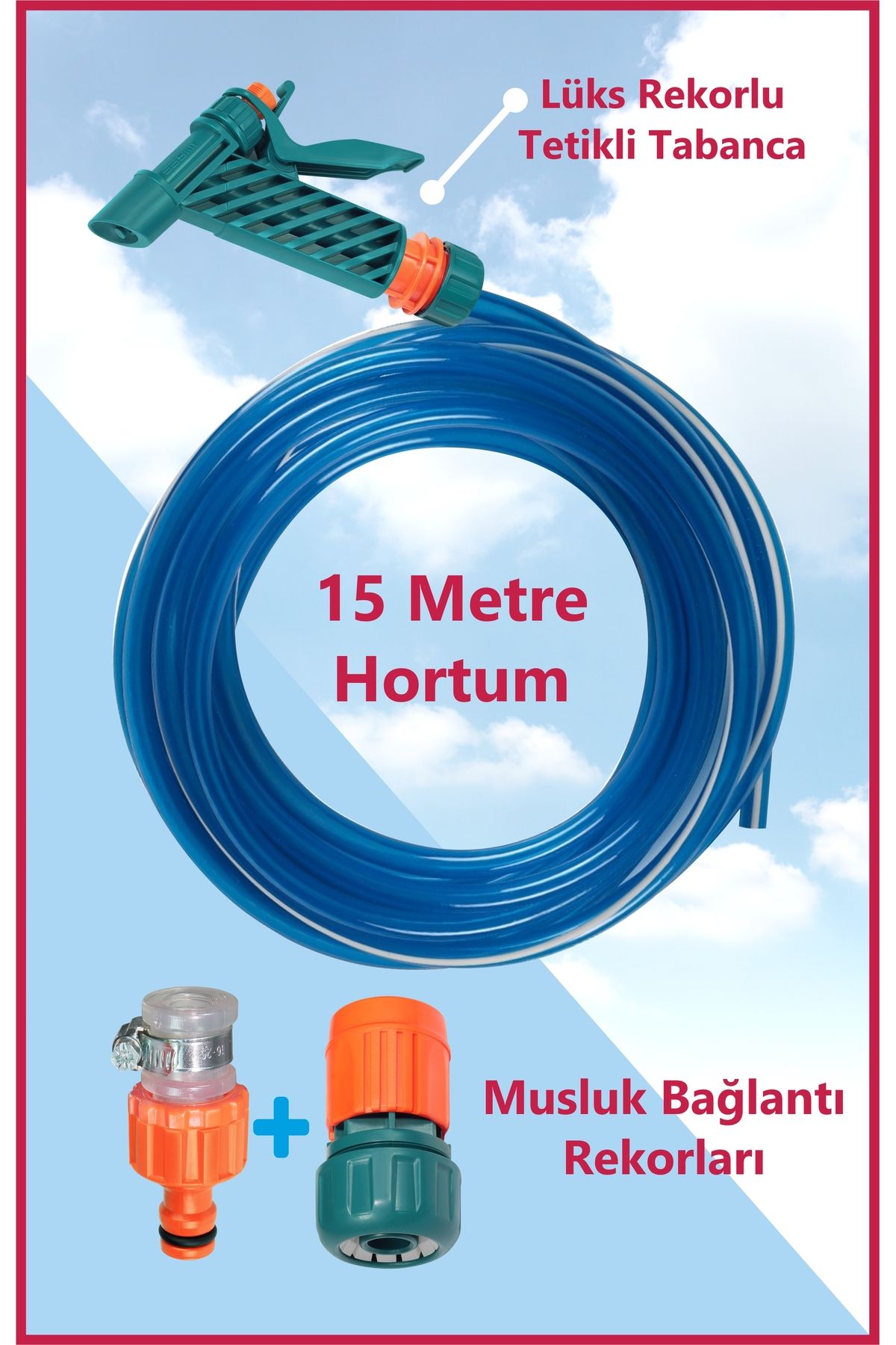 sayım plastik 15 Metre Hortumlu Bahçe Ve Balkon Yıkama Seti + Ayarlı Tabanca + Musluk Bağlantıları
