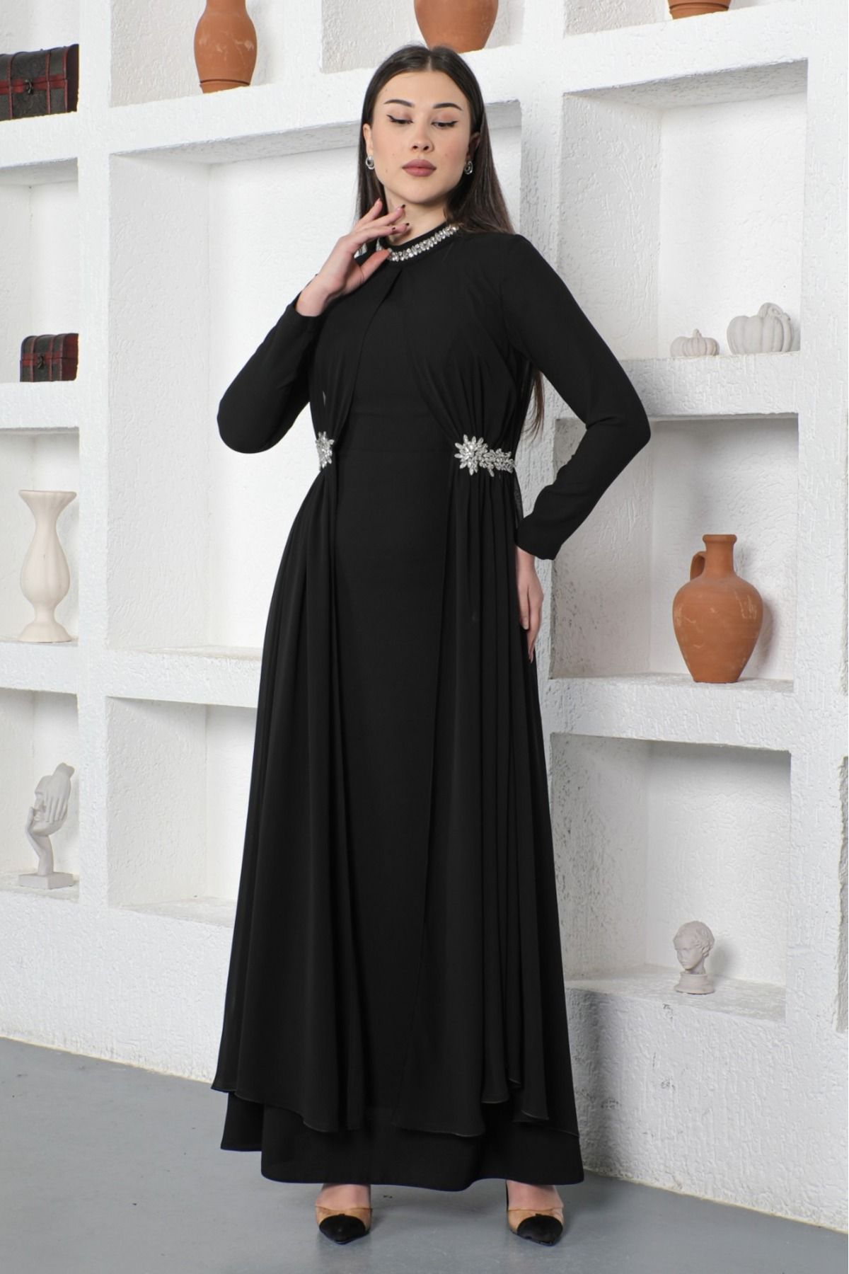 ELİF ERGÜN TEKSTİL 2131 YAKSI VE BEL KISMI TAŞ DETAYLI TÜLLÜ SIFIR YAKA ABİYE ELİBSE QKS ABİYE ELBİSE 2131 323-02#