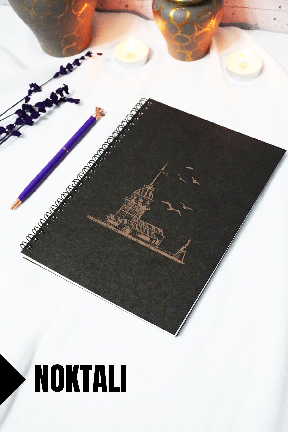 markcat A5 Kız Kulesi Temalı Siyah Kraft Kapaklı Defter - Noktalı Defter - 60 Yaprak (120 SAYFA) 15x21 Cm