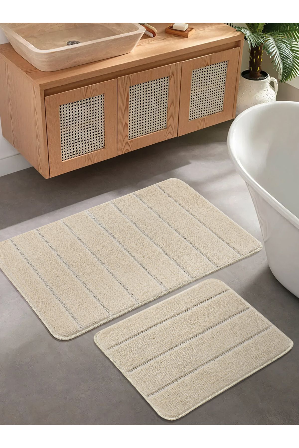 Konfor Halı Doğal Kaymaz Taban Banyo Paspas Set Yumuşak Dokulu Su Emici Yıkanabilir Yeni Çizgili Set 50x80-50x40