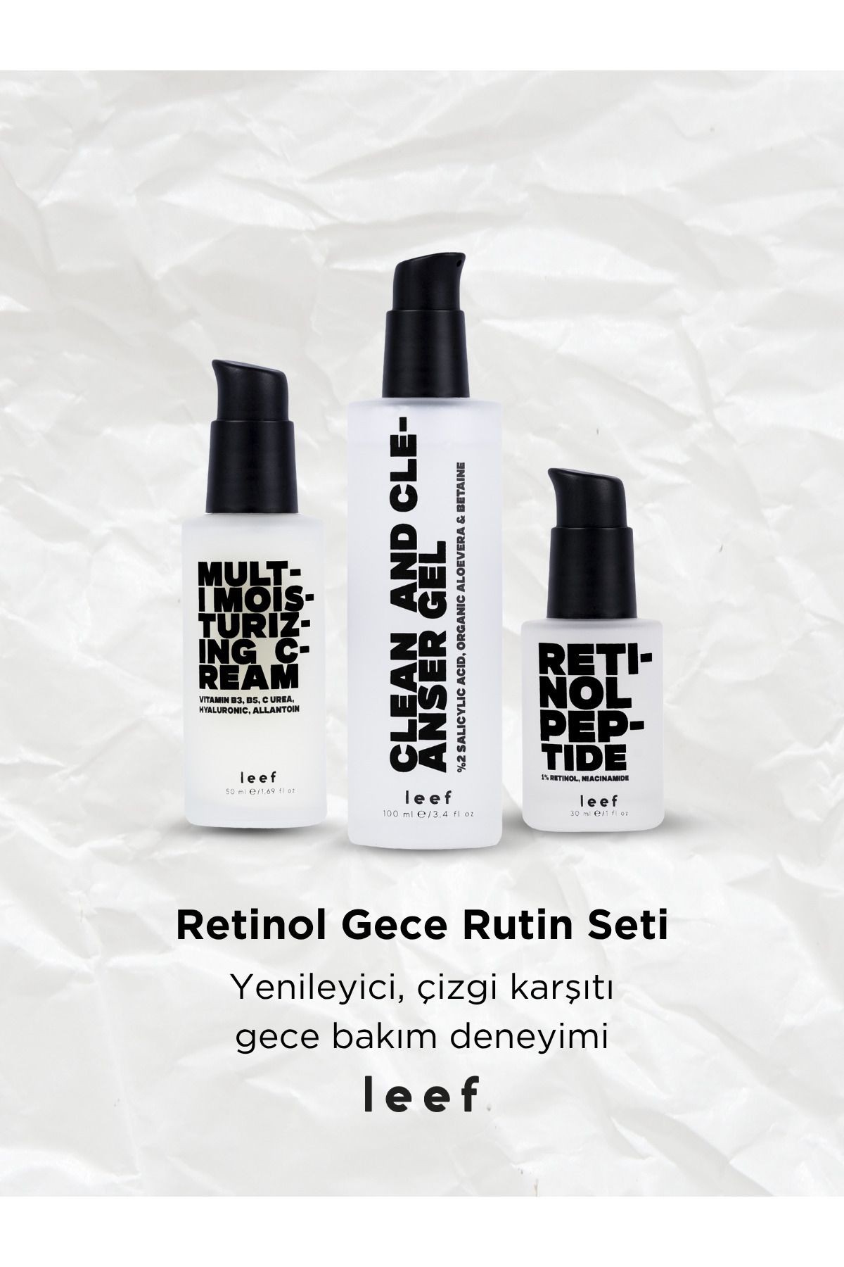 Leef 3’lü Deneyim Seti – Gece Onarıcı Bakım | Retinol Serum + Cleanser + Nemlendirici Krem