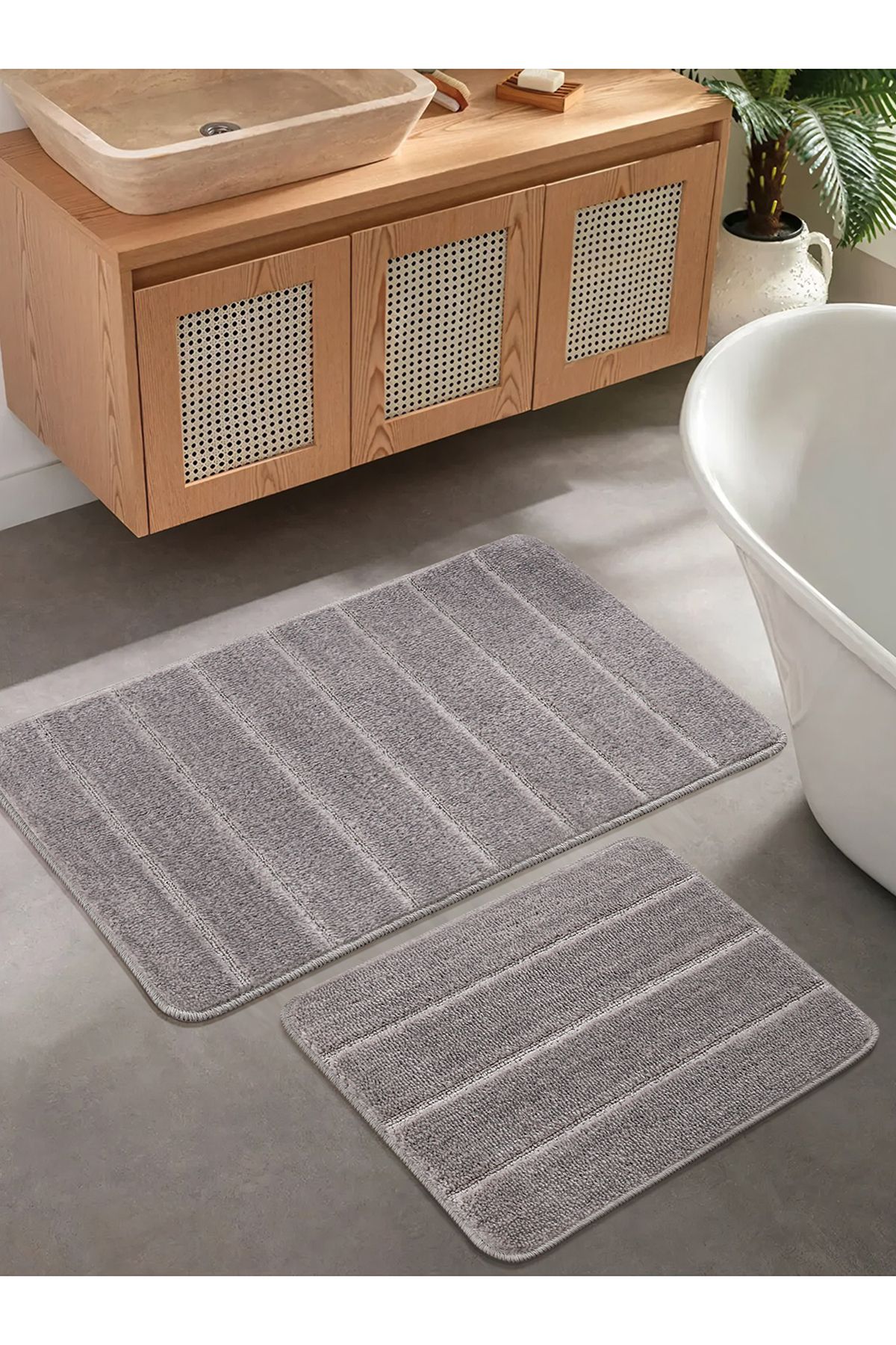 Konfor Halı Doğal Kaymaz Taban Banyo Paspas Set Yumuşak Dokulu Su Emici Yıkanabilir Yeni Çizgili Set 50x80-50x40