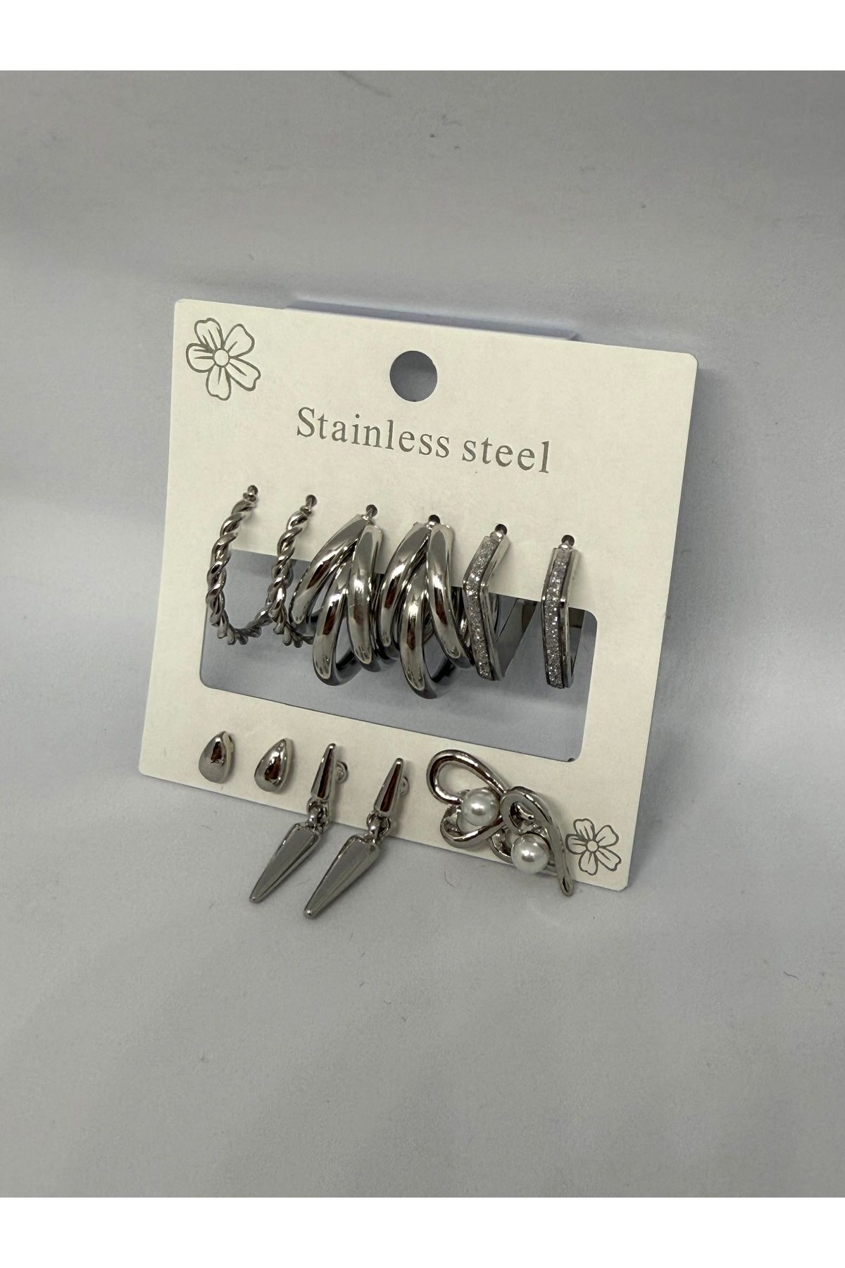 Gulsah's Store Çelik silver 6'lı küpe seti