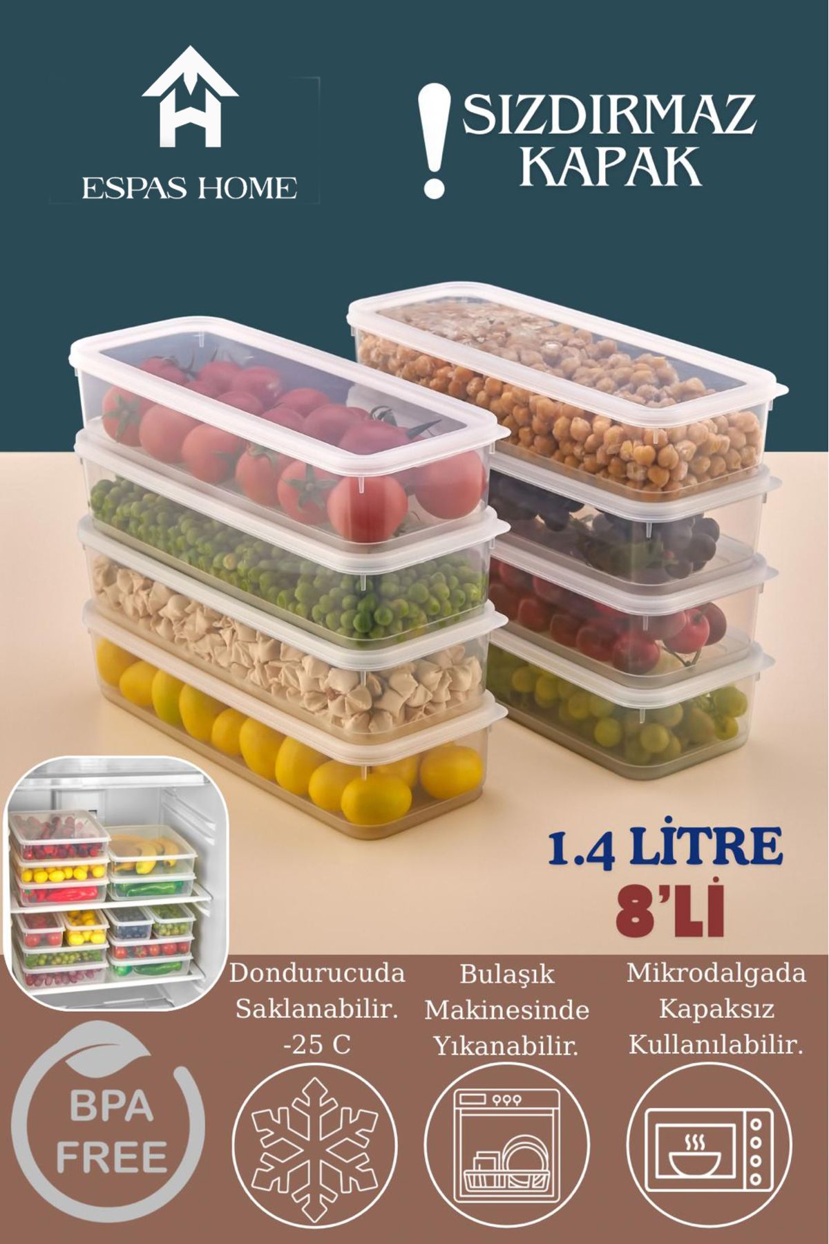 Espas Home 8'li Sızdırmaz FreshBox Saklama Kabı – Mikrodalga ve Buzdolabı Uyumlu / 1400 ml - Şeffaf