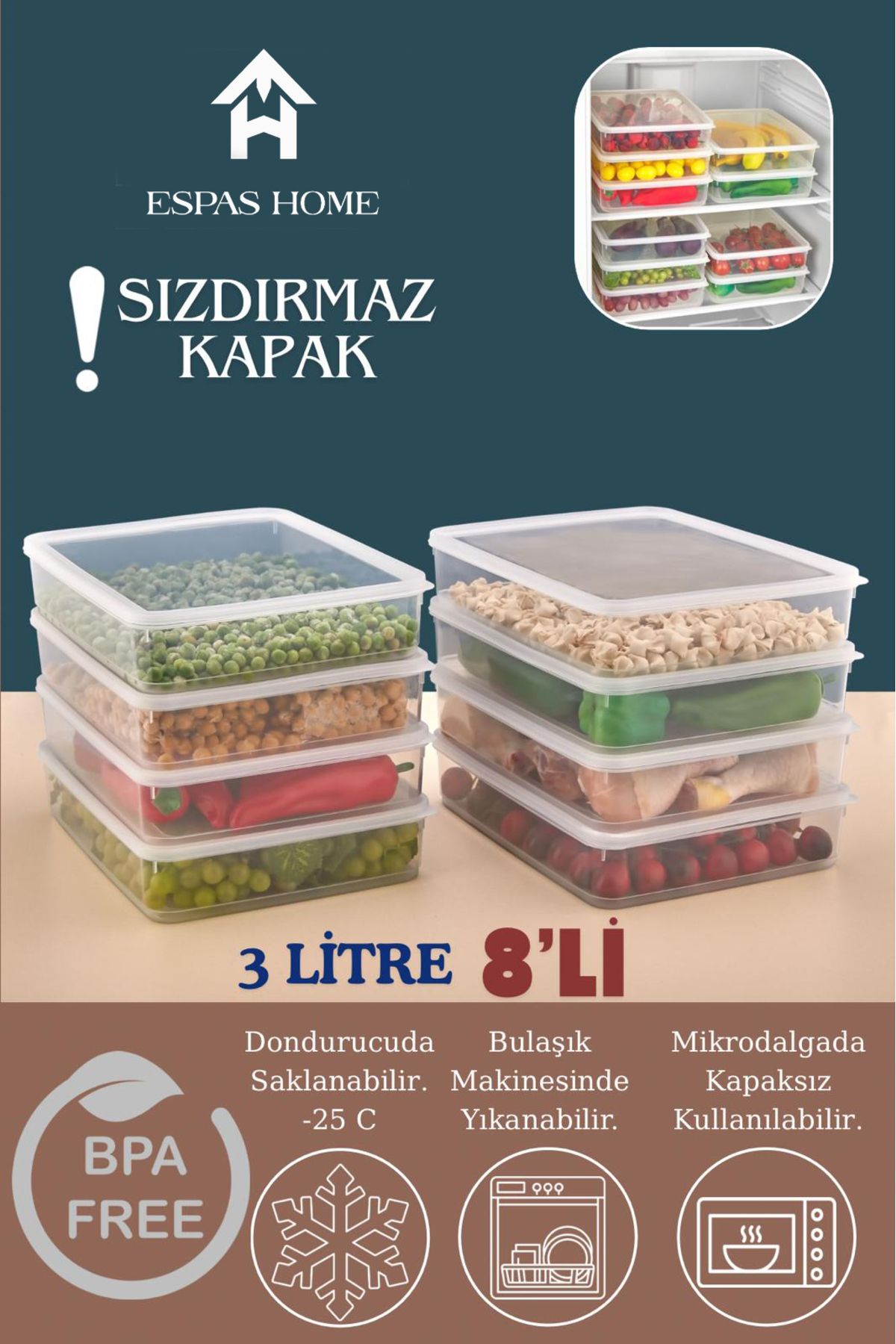 Espas Home 8'li Sızdırmaz FreshBox Saklama Kabı – Mikrodalga ve Buzdolabı Uyumlu / 3000 ml – Şeffaf