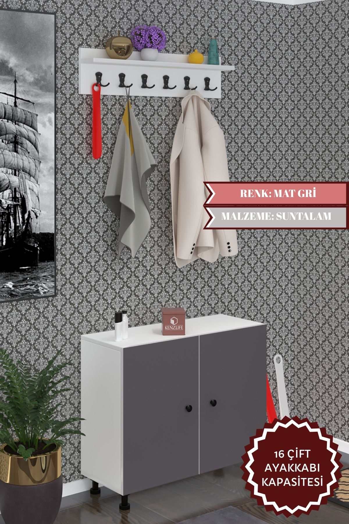 Kenzlife portmanto ayakkabılık ve askılık edik4 gribyz 68*080*32 onaltı çift ayakkabı kapasitesi