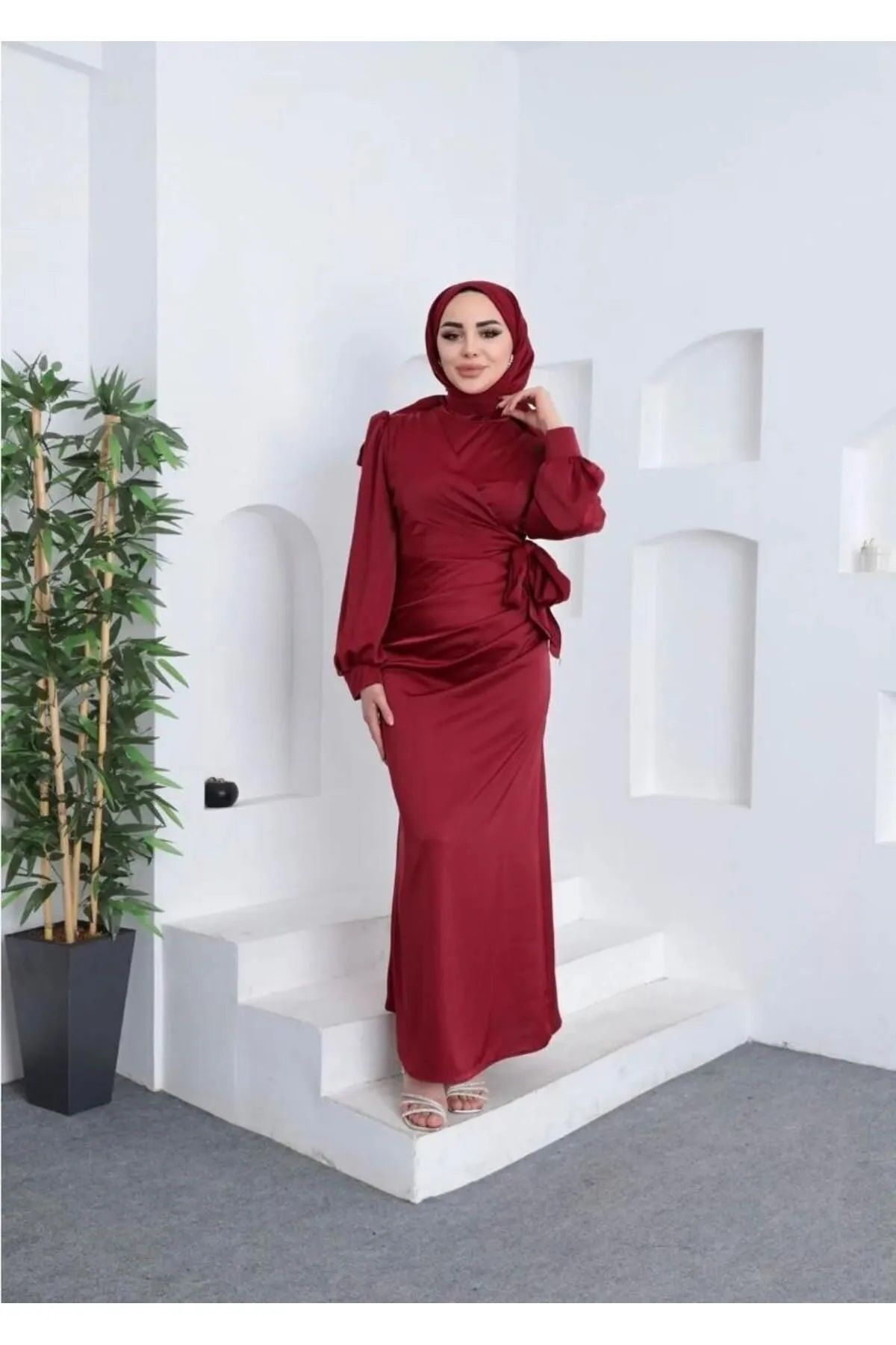 Trendy Butik Kadın YANDAN BAĞLAMALI SATEN ABİYE - Bordo
