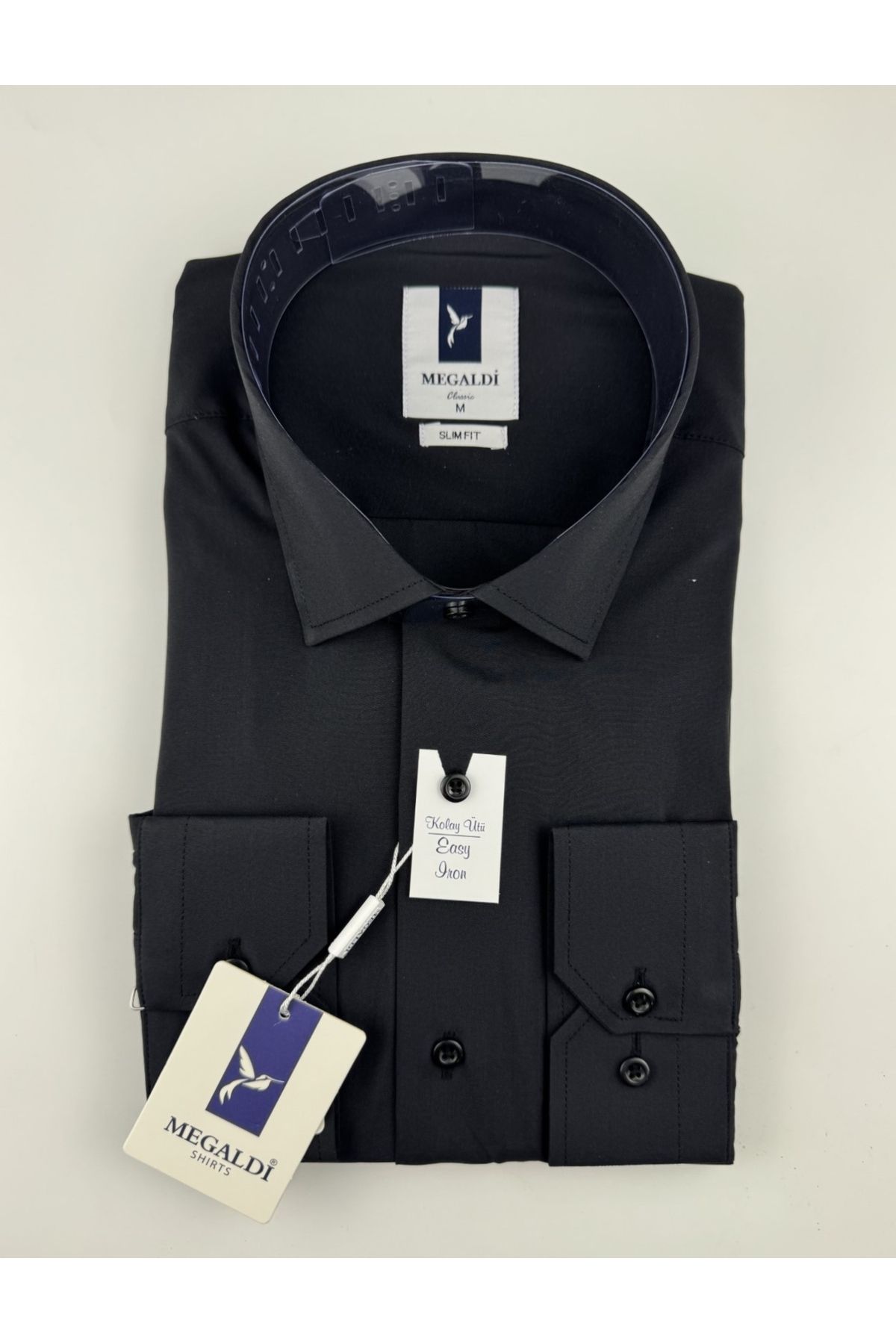 MEGALDİ Erkek Slim Fit Kesim Siyah Easy Iron (Kolay Ütü) Uzun Kollu Gömlek