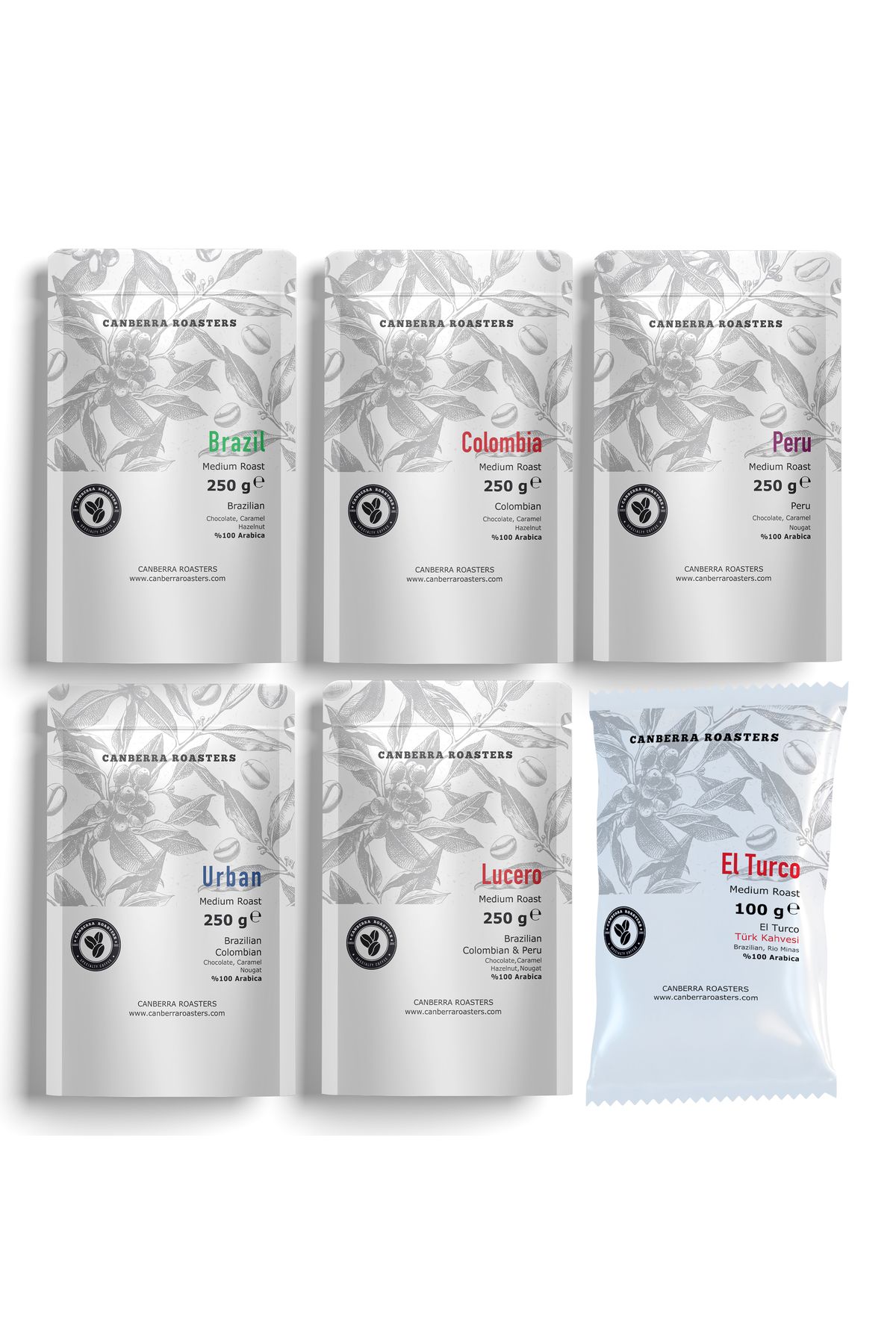 Canberra Roasters Canberra 6'lı Mega Paket Medium Roast – Çekirdek Kahve 250 gr & Türk Kahvesi 100 gr
