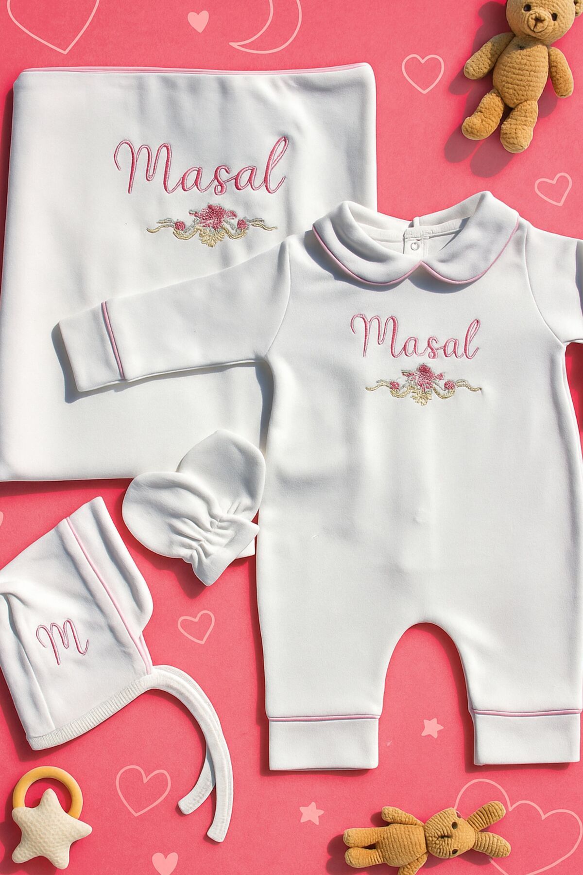 BabiesFirst Kız Bebek Çiçekli İsimli Hastane Çıkışı 4'lü Set | Nakışlı %100 Pamuk Tulum Battaniye Şapka Eldiven