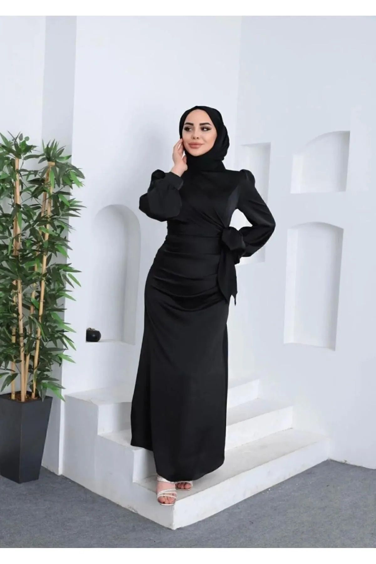 Trendy Butik Kadın YANDAN BAĞLAMALI SATEN ABİYE -Siyah