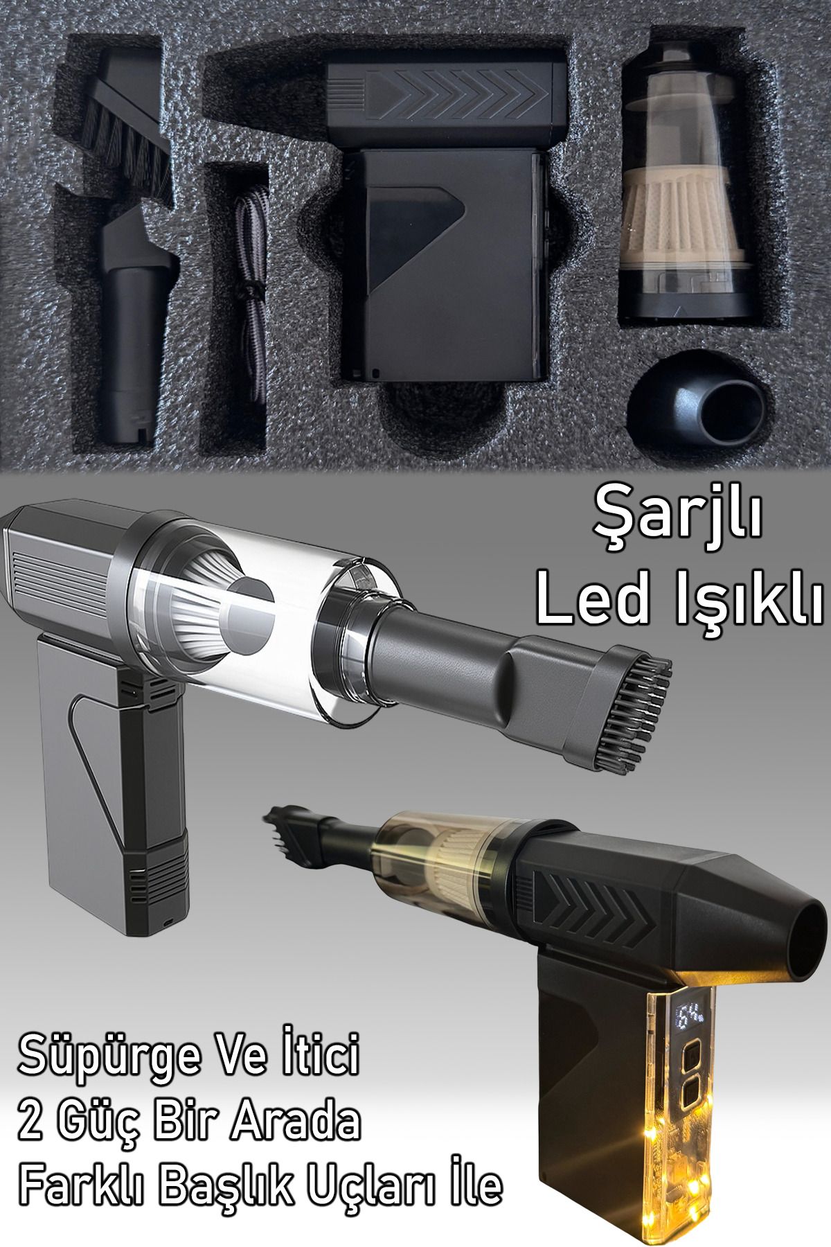 nextbuy Güçlü Portatif Vakumlu Kablosuz Şarjlı Şeffaf Dijital Göstergeli Üflemeli Mini Araç Süpürgesi YS-003
