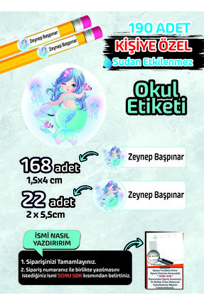Kapbirhediye Okul Etiketi Kişiye Özel Kalem Defter Etiketi Deniz Kızı Tasarım...