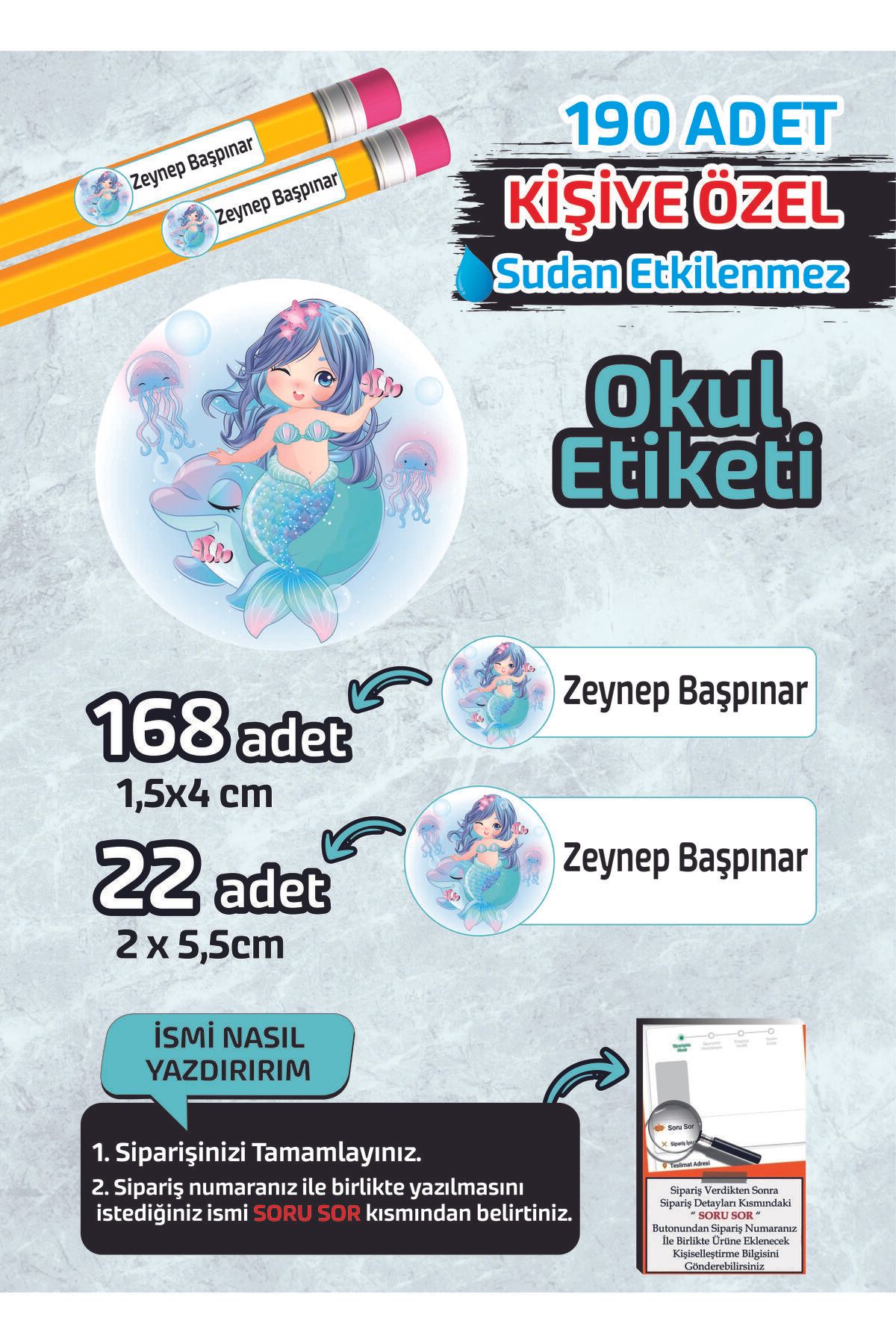 Kapbirhediye Okul Etiketi Kişiye Özel Kalem Defter Etiketi Deniz Kızı Tasarımlı- 190 Adet