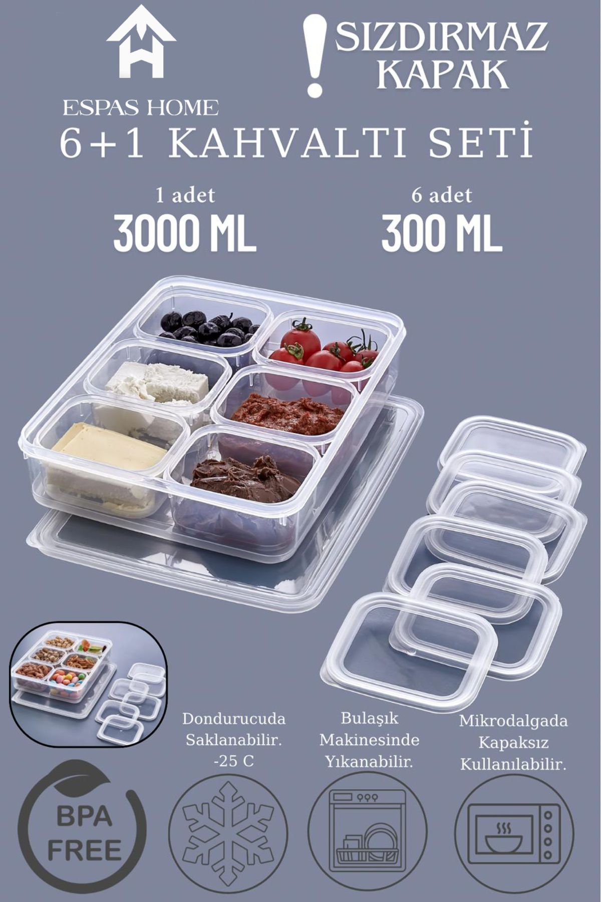 Espas Home 7'li Sızdırmaz Freshbox Kahvaltılık Saklama Kabı Seti / 1x3000 ml + 6x300 ml – Şeffaf