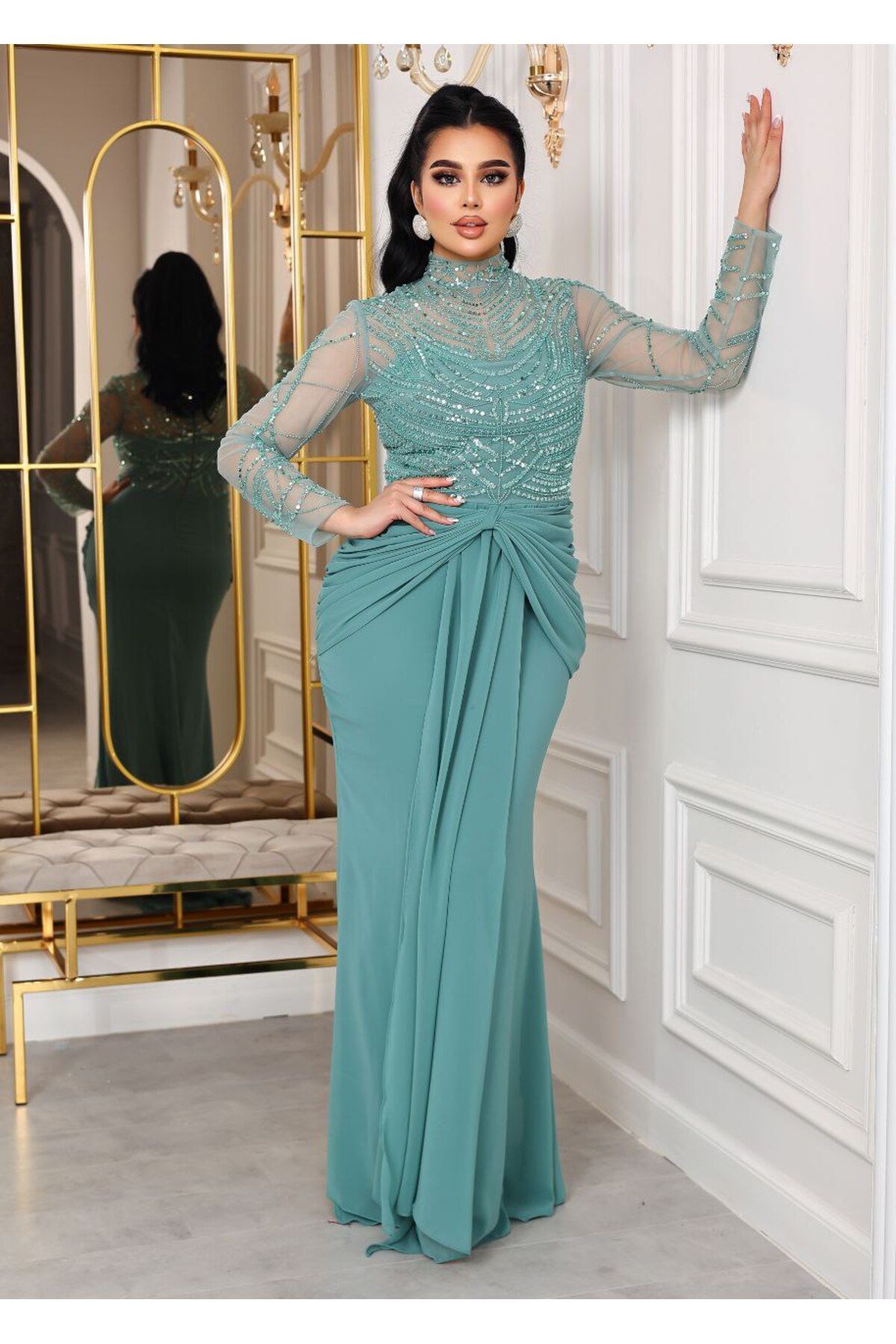 ZENABİYEM Zena Fashion Hakim Yaka İşlemeli Önden Kuşaklı Abiye
